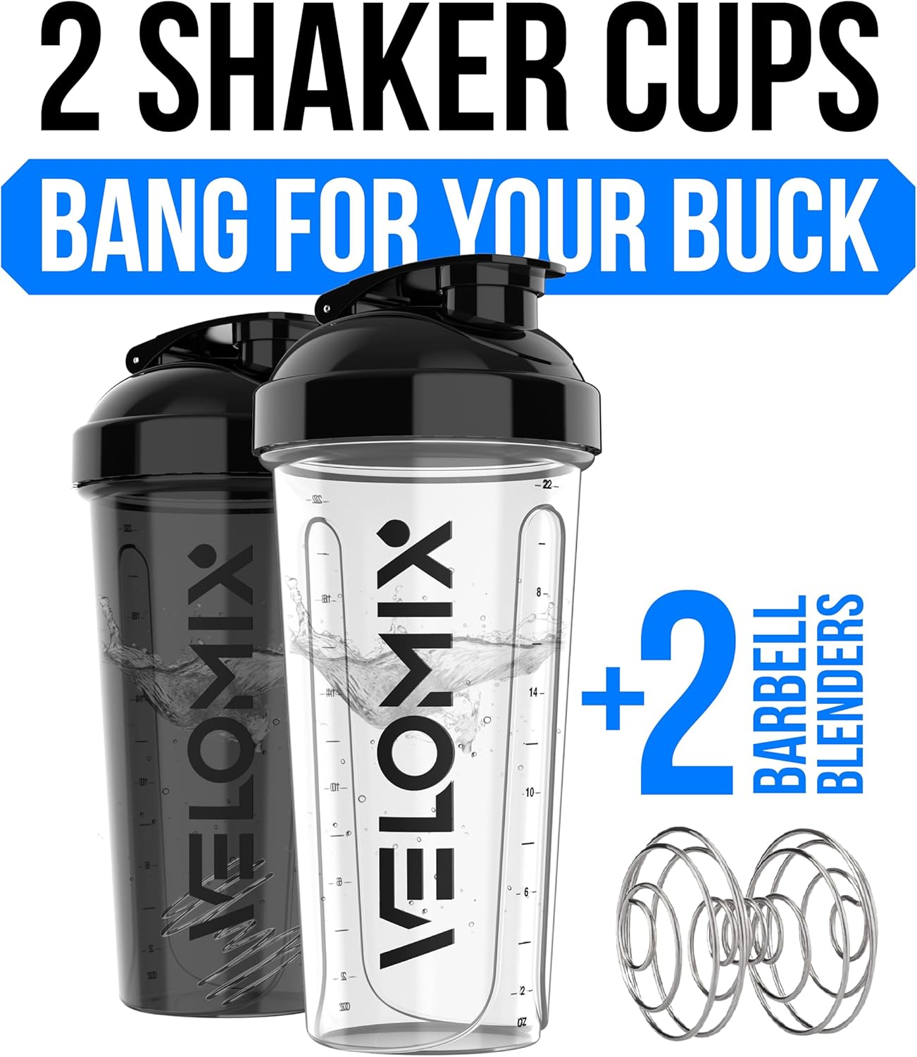 VELOMIX -2 Pack- 28 oz Protein Shaker Bottles for Protein Mixes - 2x Wire Whisk | Leak Proof Shaker Cups for Protein Shakes | Protein Shaker Bottle Pack (Black/Transparent)
