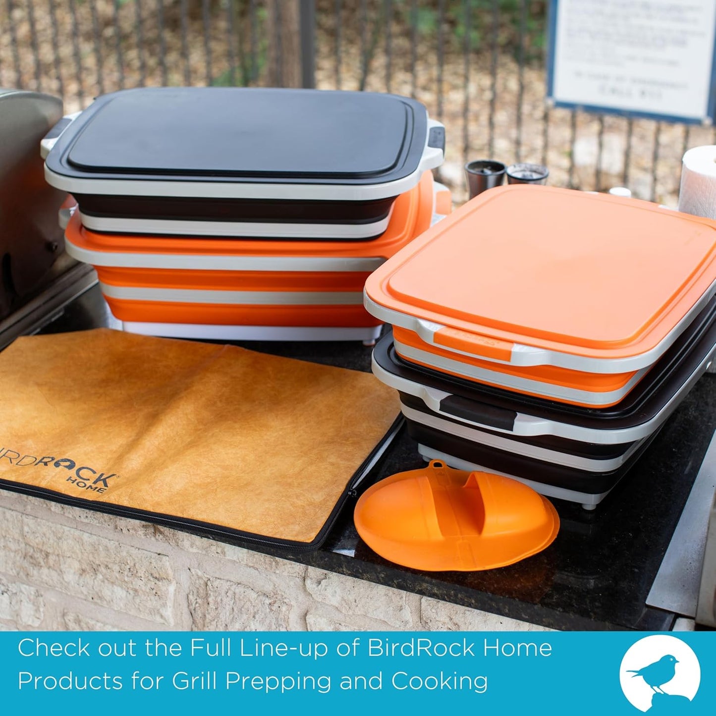 BIRDROCK HOME Collapsible Food Prep & Cutting Board and Grill Caddy Tub with Colander & Lid | Multifunctional Kitchen Vegetable Washing Basket | Silicone Dish Tub for BBQ, Picnic, Tailgate and Camping