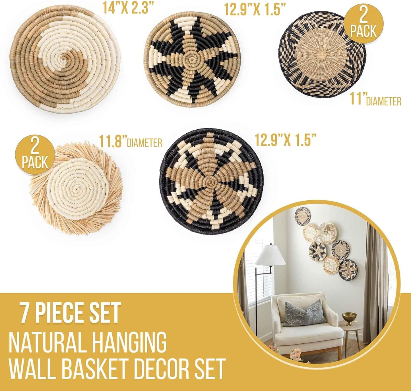 Hanging Woven Wall Basket Set - 7 Unique Handcrafted Seagrass Baskets for Boho, Farmhouse & Rustic Wall Decor, Table Settings & More - Ready to Hang with Nails & Marking Pencil Included