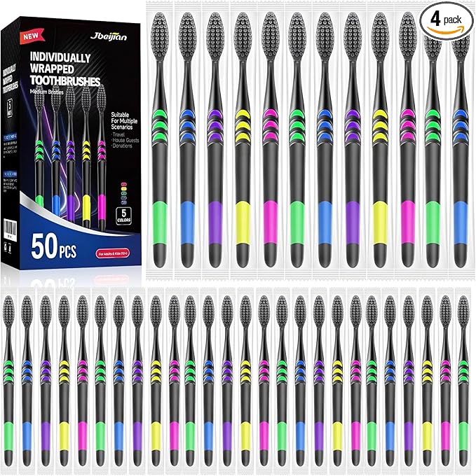 50 PCS Individually Wrapped Bulk Toothbrush Pack, Disposable Soft Bristle for Adult or Kid, Ergonomic Handle, Perfect for Travel, Hotel, Donation