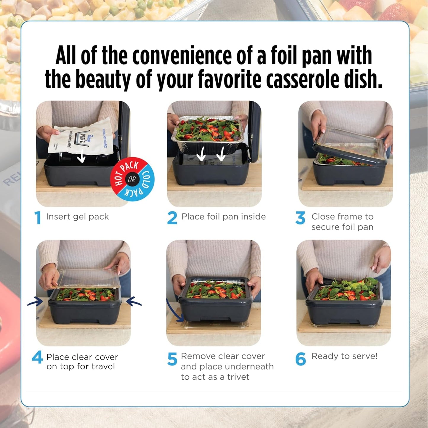 Fancy Panz - Aqua Premium Aluminum Foil Pan Carrier with Lid & Hot/Cold Pack - Elevated Food Serving Tray - Portable Casserole Carrier with Lid - Made in the USA Hosting Essentials