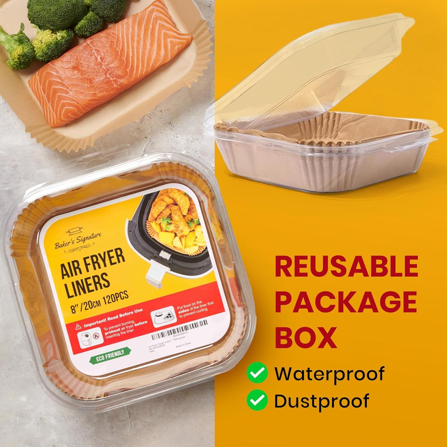 Air Fryer Paper Liners, 125Pcs Air Fryer Disposable Liners, Non-Stick and Oil Proof for Easy Cleanup, 8” Square for 5-8 qt Basket by Baker's Signature