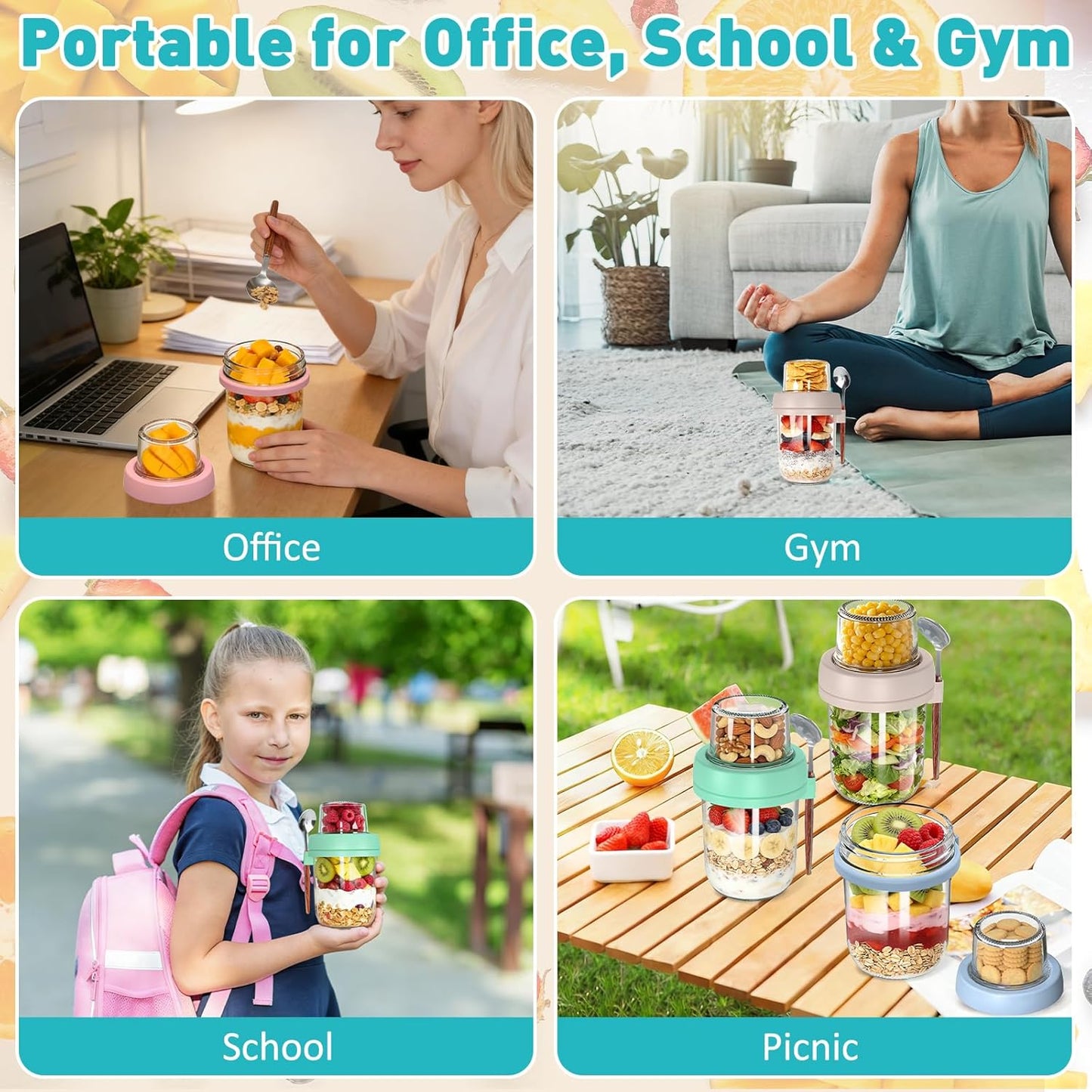 4 Pack Overnight Oats Containers with Lids and Spoons, 20 oz (16+4) Overnight Oats Jars with Dry and Wet Separation for Oatmeal Cereal Fruit Salad Yogurt, Dual-Layer Yogurt Containers with Lids