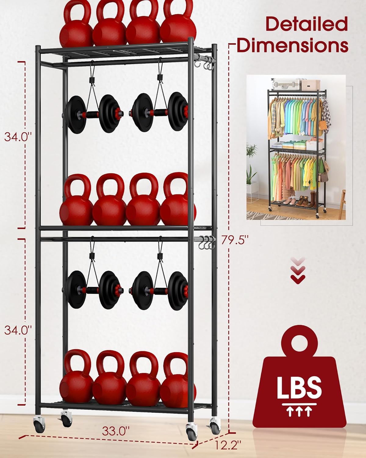 Clothes Rack - 33.0" x 12.2" x 79.5" Clothing Rack with Shelves & Wheels, Multi-Functional Wardrobe Closet with Hooks, Sturdy Metal Garment Rack for Bedroom, Laundry, Balcony (Black)