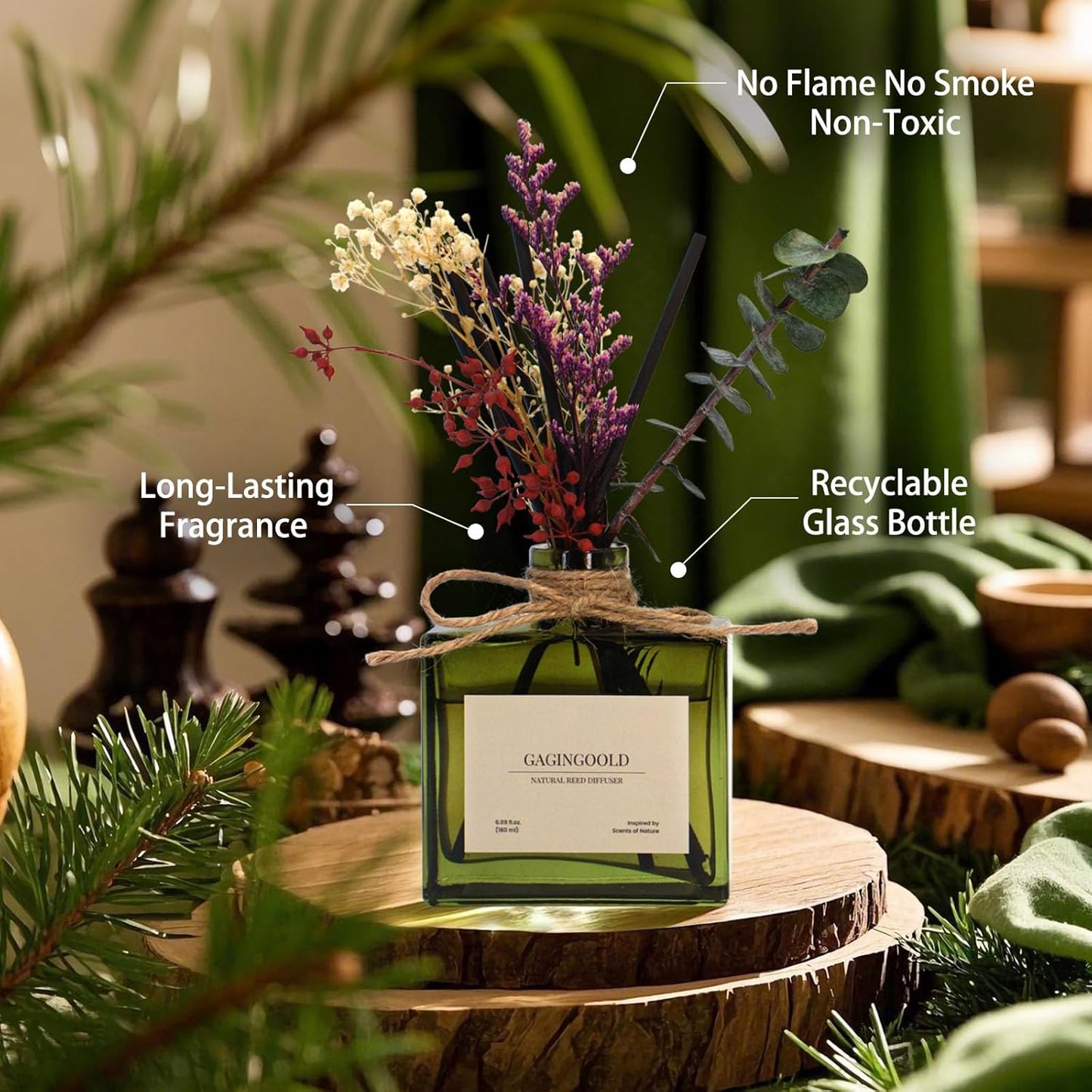 Reed Diffuser, 6.09 oz Earthy Sandalwood Scent Diffuser with Sticks & Dried Flowers, 120 Days Long Lasting diffusers for Home, Elegant Fragrance for Bathroom Bedroom Office Decor Air Fresh