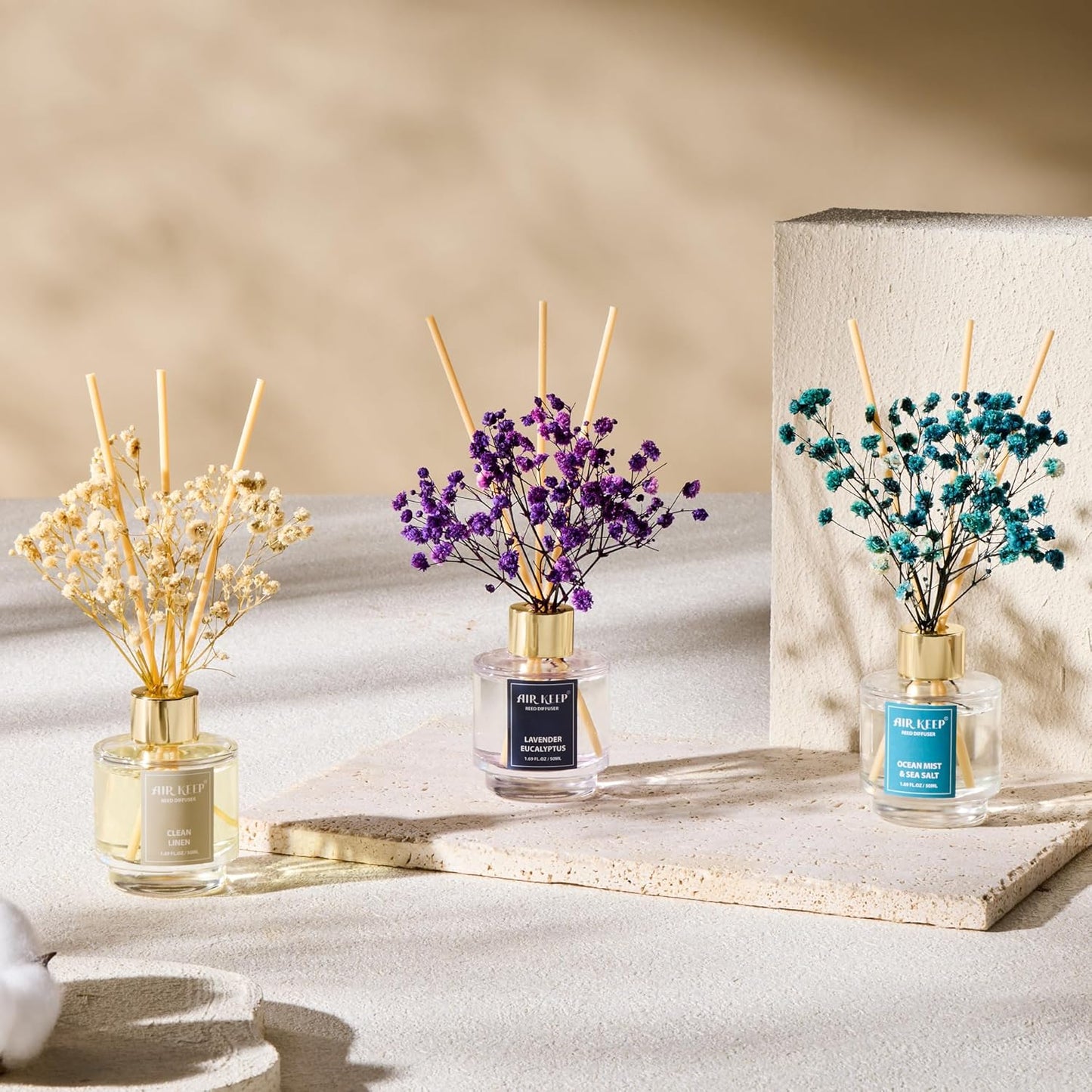 Airkeep Reed Diffuser Set of 3,Clean Linen Ocean Mist&Sea Salt Lavender Eucalyptus Oil Reed Diffusers for Bedroom Living Room Office Aromatherapy Oil Reed Diffuser for Gift 50ml x 3