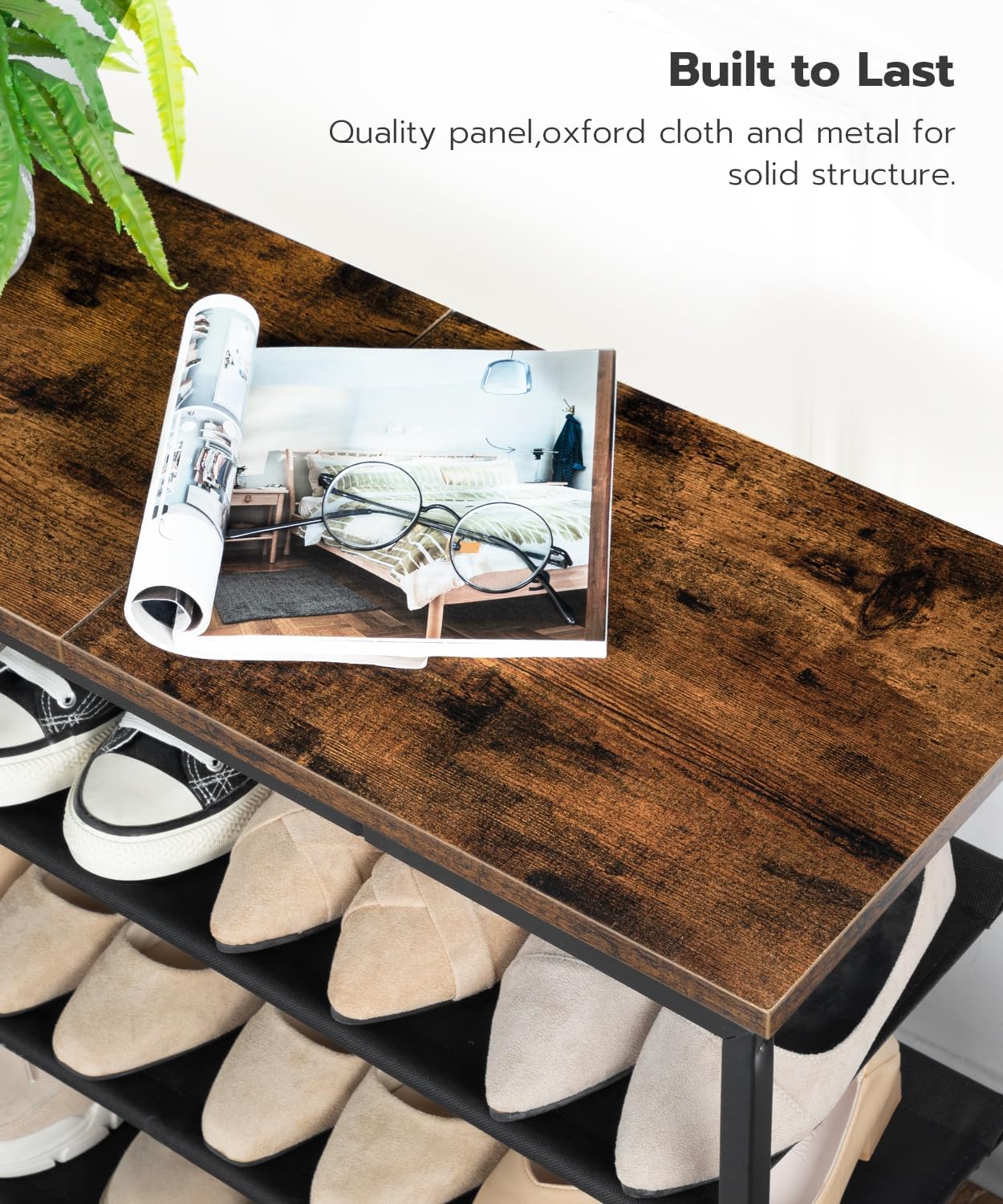 HOOBRO Shoe Rack, 4 Tier Shoe Storage Organizer with 3 Oxford Fabric Shelves and Top Panel, Holds 12-16 Pairs of Shoes for Entryway and Closet, Industrial, Rustic Brown BF47XJ01G1