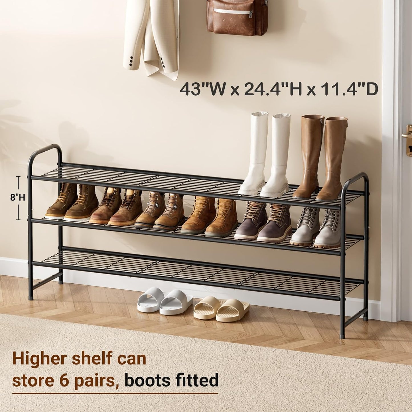 KEETDY 3-Tier Long Shoe Rack for Closet Metal Shoe Organizer for Entryway, Wide Stackable Shoe Storage Shelf with Sturdy Wire Grid for Closet Floor, Bedroom, Black