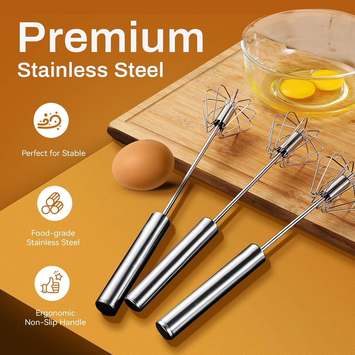 Stainless Steel Semi-Automatic Whisk, 2024 New Stainless Steel Egg Whisk Hand Push Rotary Whisk Blender, Hand Push Mixer Stirrer Tool for Cooking Kitchen Home Egg Milk (10in)