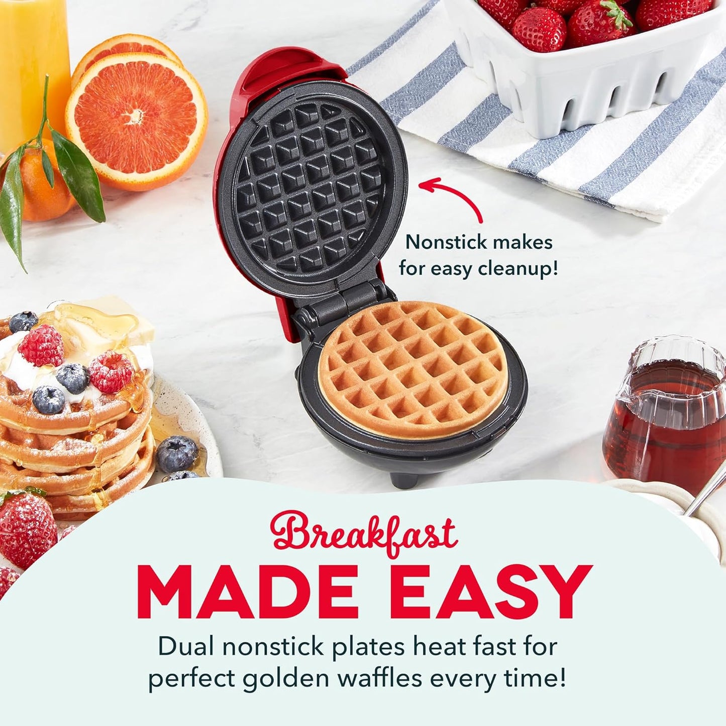 Dash Mini Waffle Maker- Compact Electric Iron for Creative Homemade Treats - PTFE nonstick surface - Easy-to-Clean - Perfect for Kids & Families - Red