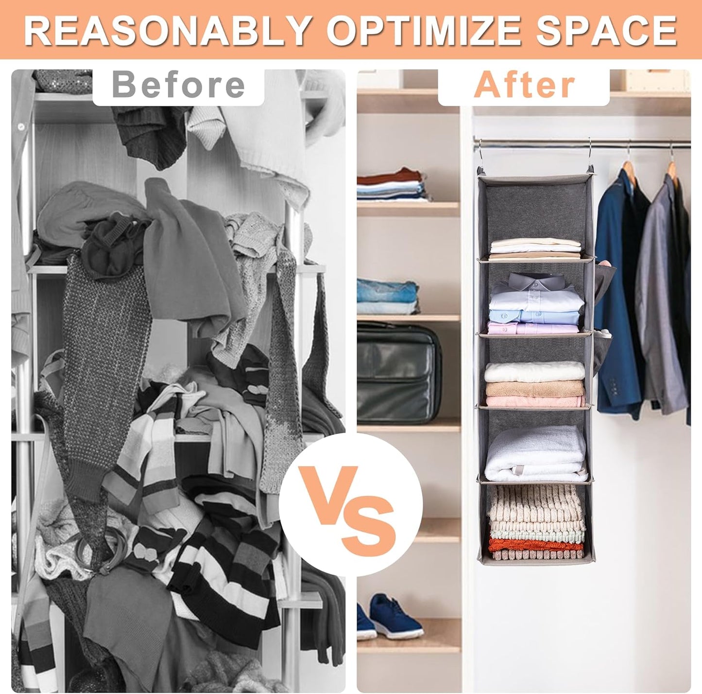 BOOMIBOO Hanging Closet Organize and Shelves,5-Hanging Shelf with 2 Side Pockets,Storage Foldable (Grey)