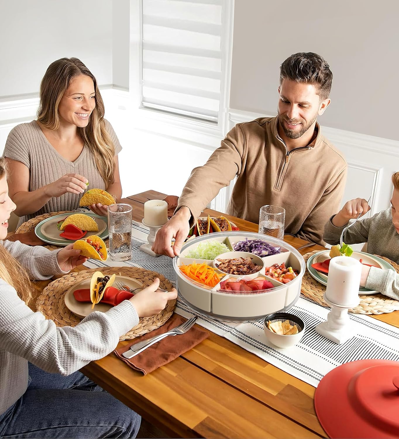 Divided Rotating Serving Tray with Lid and Handle, Portable Snackle Box for Fruits Snacks Veggie Charcuterie, Clear Lazy Susan Organizer and Fridge Storage Container for Adults Child (1PCS,12" L