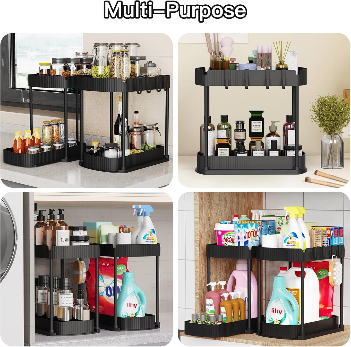 Ukeetap Multi-Purpose Pull-Out Storage Organizers, Under Sink/Cabinet Organizers and Storage for Bathroom & Kitchen, Black, 12.8 Inches, 2 Packs