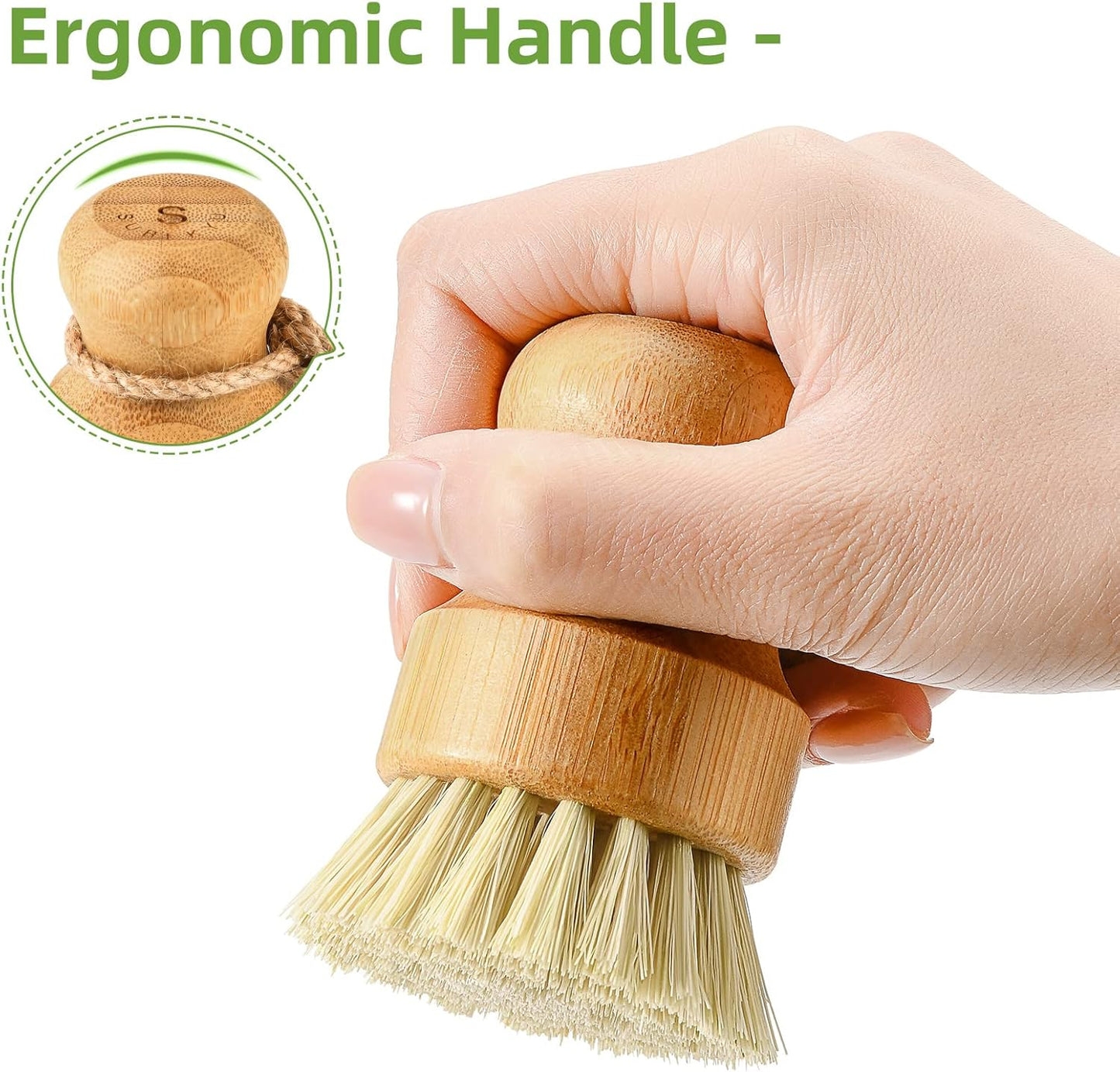 SUBEKYU Bamboo Dish Scrub Brush for Kitchen Sink, Natural Wooden Washing Dish Brush Scrubber with Sisal Bristles for Household Cleaning, Cast Iron Pots, Pans and Vegetables