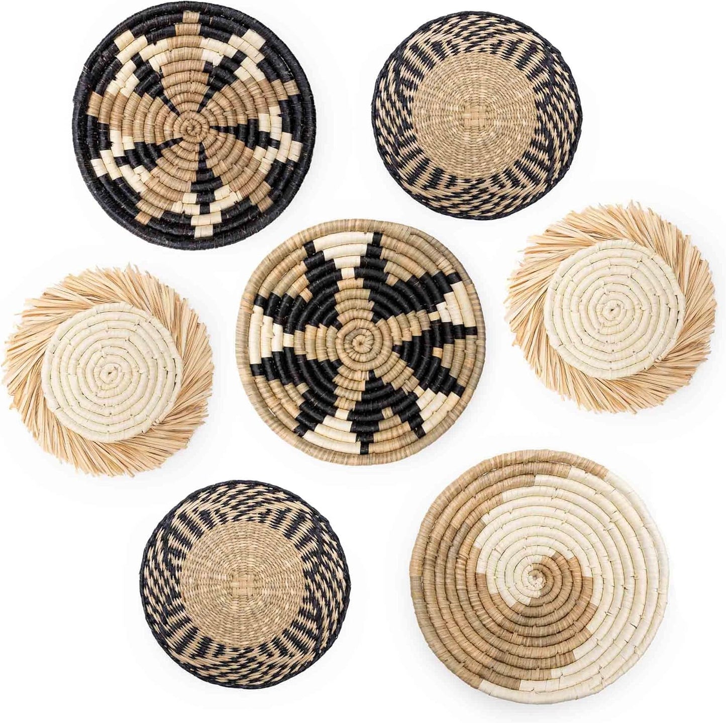 Hanging Woven Wall Basket Set - 7 Unique Handcrafted Seagrass Baskets for Boho, Farmhouse & Rustic Wall Decor, Table Settings & More - Ready to Hang with Nails & Marking Pencil Included