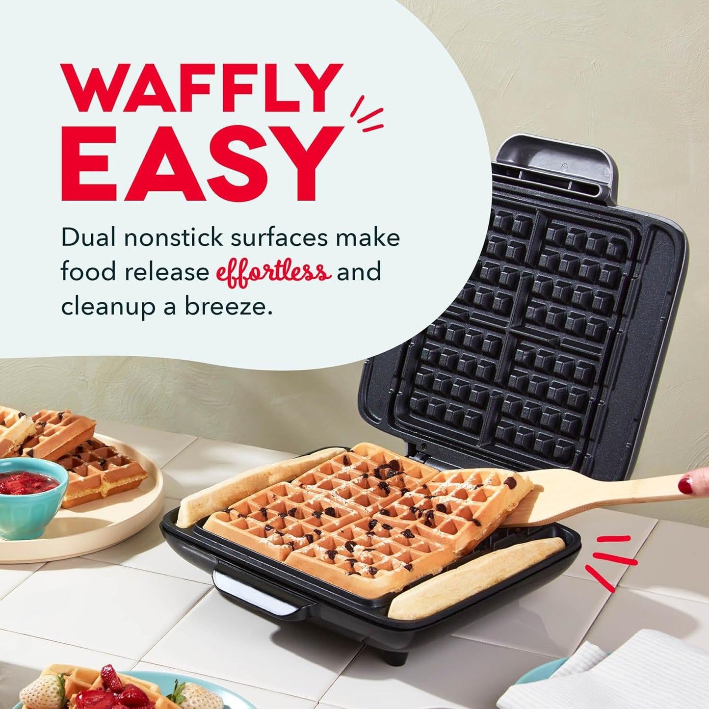 Dash No-Drip Waffle Maker - Quad Waffle Maker for Hassle-Free Breakfasts - Dual Nonstick Heating Plates & Quick Heat-Up System - Easy-Release Surface - Silver