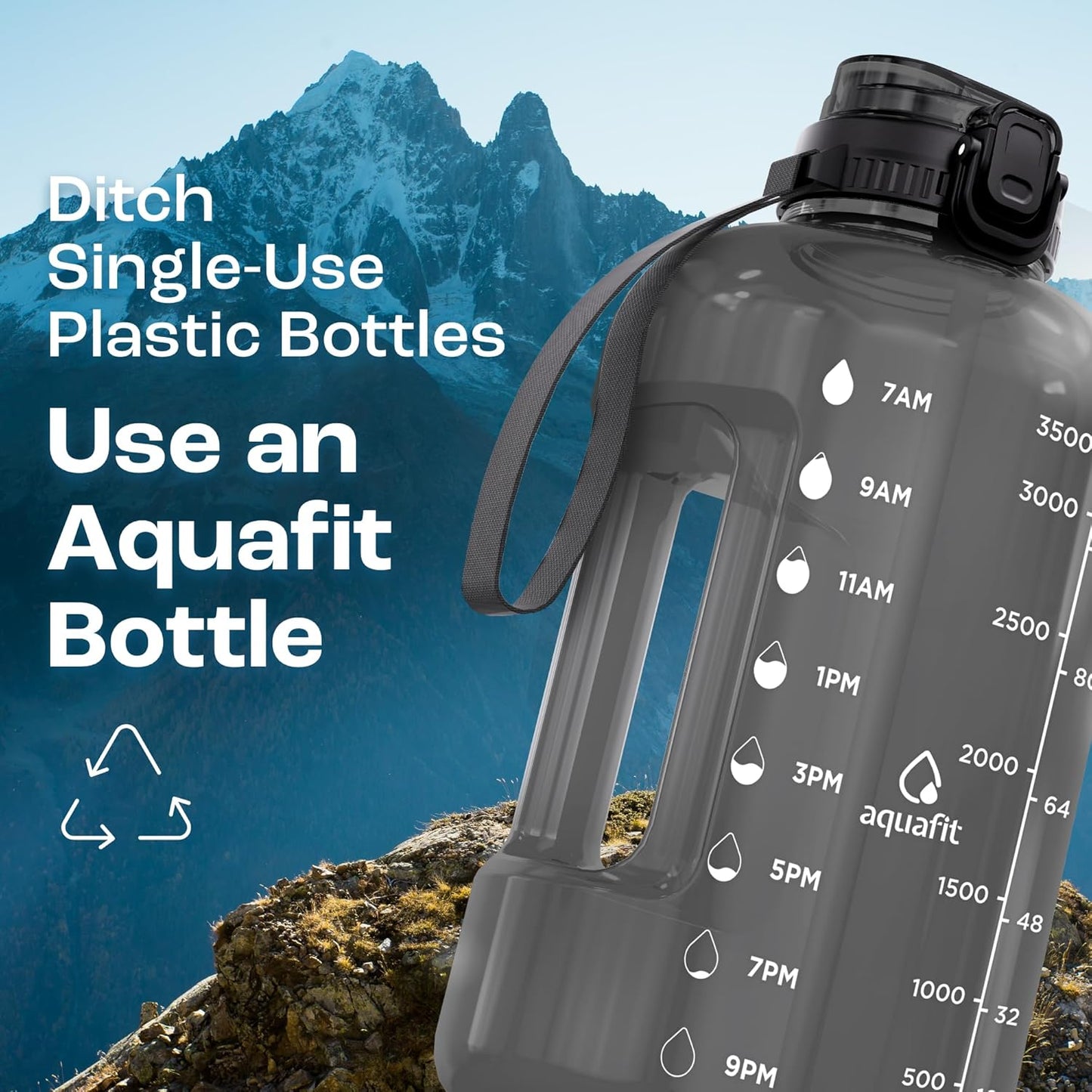 AQUAFIT 1 Gallon Water Bottle with Time Marker - Straw & Chug Lid - BPA Free Gym Water Bottle with Straw - Big Gallon Jug (Gray, 128 oz - 2in1 Lid)