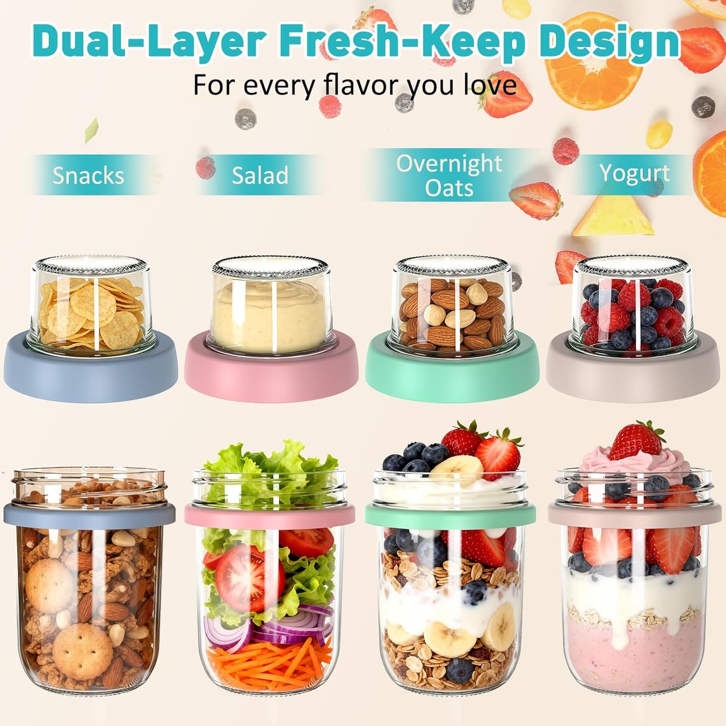 4 Pack Overnight Oats Containers with Lids and Spoons, 20 oz (16+4) Overnight Oats Jars with Dry and Wet Separation for Oatmeal Cereal Fruit Salad Yogurt, Dual-Layer Yogurt Containers with Lids