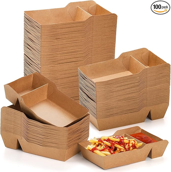 SOUJOY 100 Pack Food Serving Tray, 2 Compartment Disposable Kraft Nacho Boat Tray, Grease Resistant Heavy Duty Paperboard, Take Out Fast Food Snack Holder Container for Party