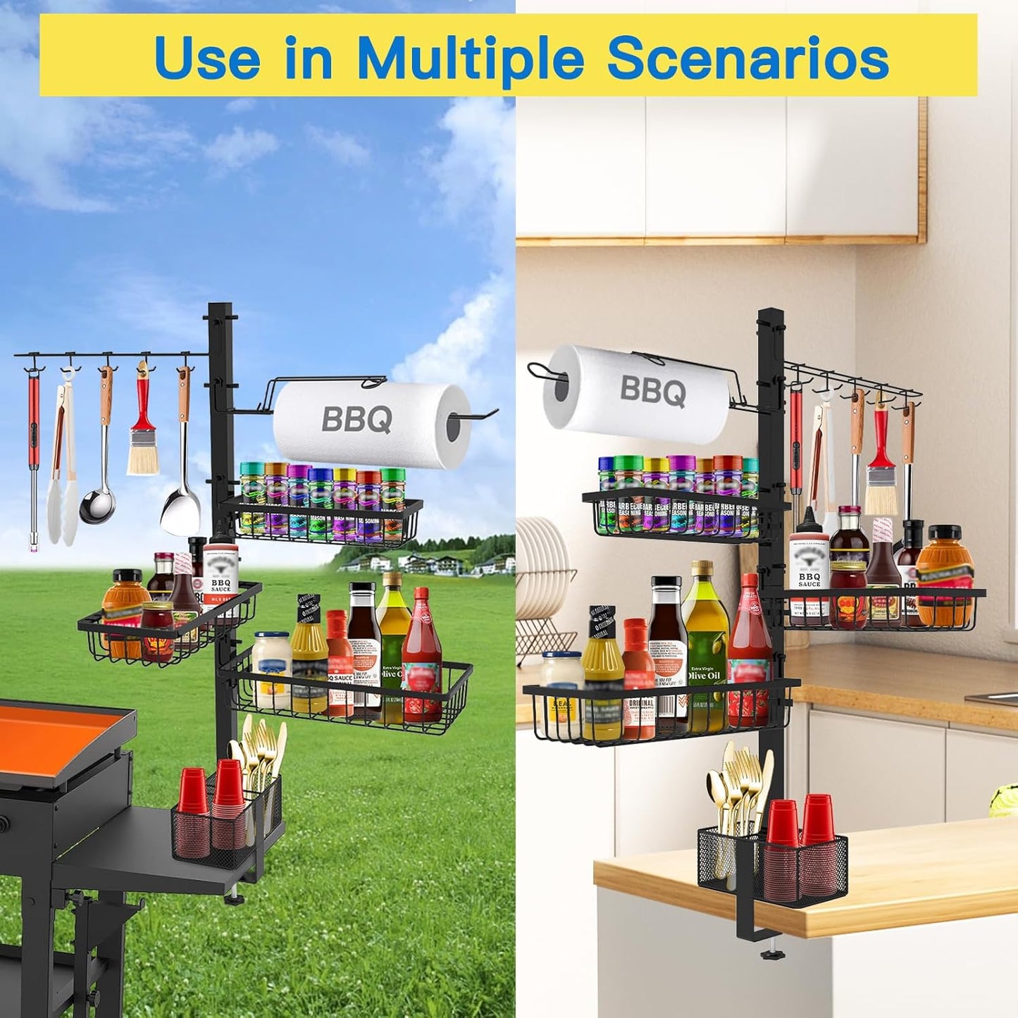 Griddle Caddy Organizer for Blackstone Griddle Accessories, BBQ Grill Picnic Utensil Condiment Caddy with Paper Towel Holder, Outdoor Kitchen Accessories for Camper, Gifts for Men, Dad