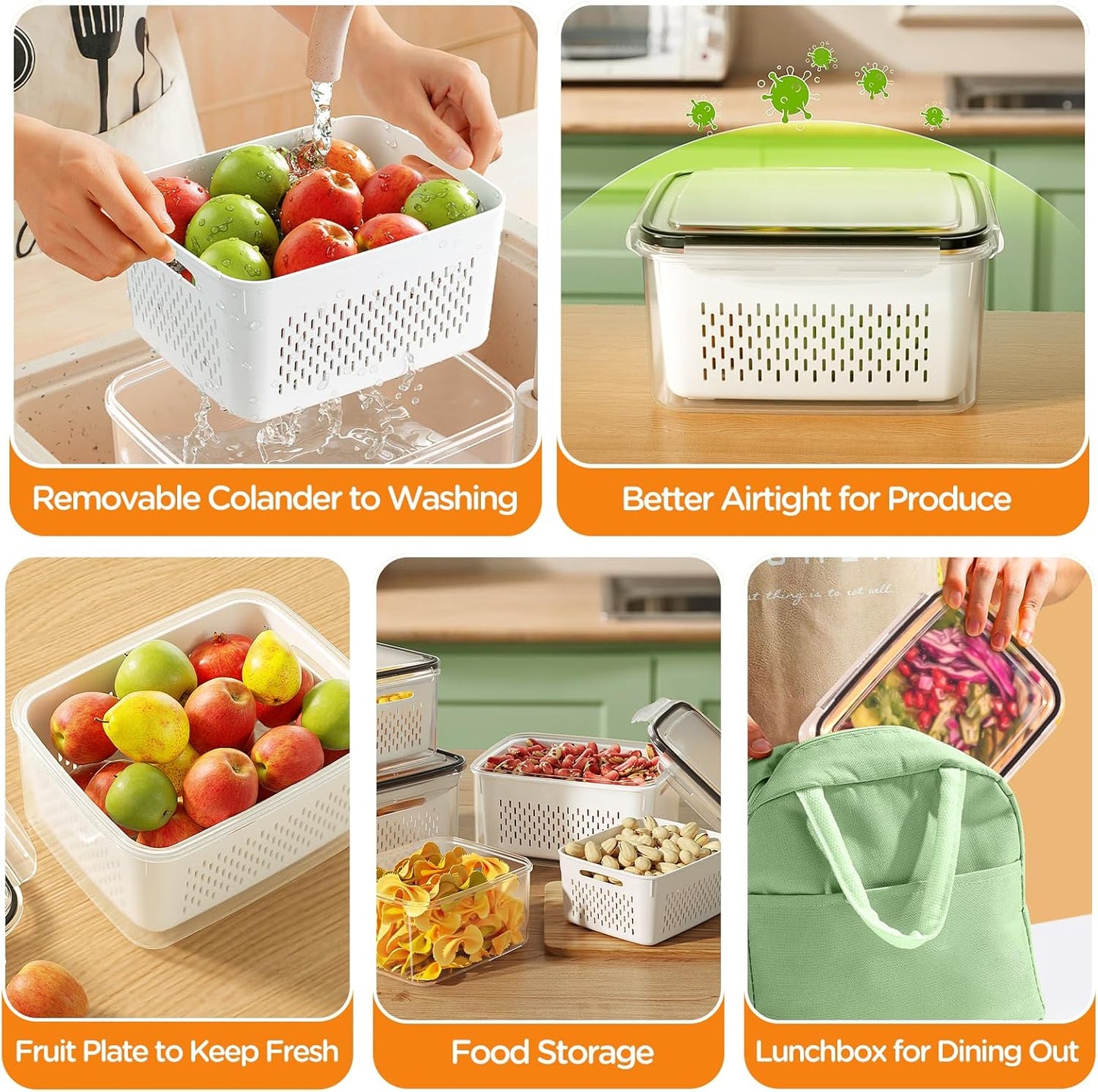 5-Pack Fruit Storage Containers for Fridge with Removable Colanders, 4 in 1 Produce Storage Containers with Lids, Leakproof Fridge Organizer Bins for Salad Berry Lettuce Vegetables Meat Keeper Fresh