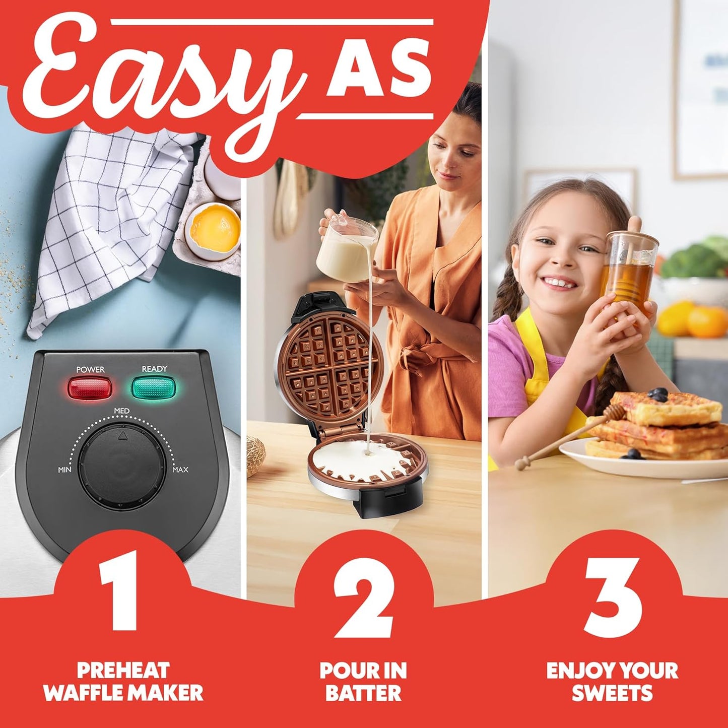 Gourmia Belgian Waffle Maker – Compact Design with Upright Storage, Adjustable Browning, and Easy-Clean Nonstick Ceramic Plates, Stainless Steel