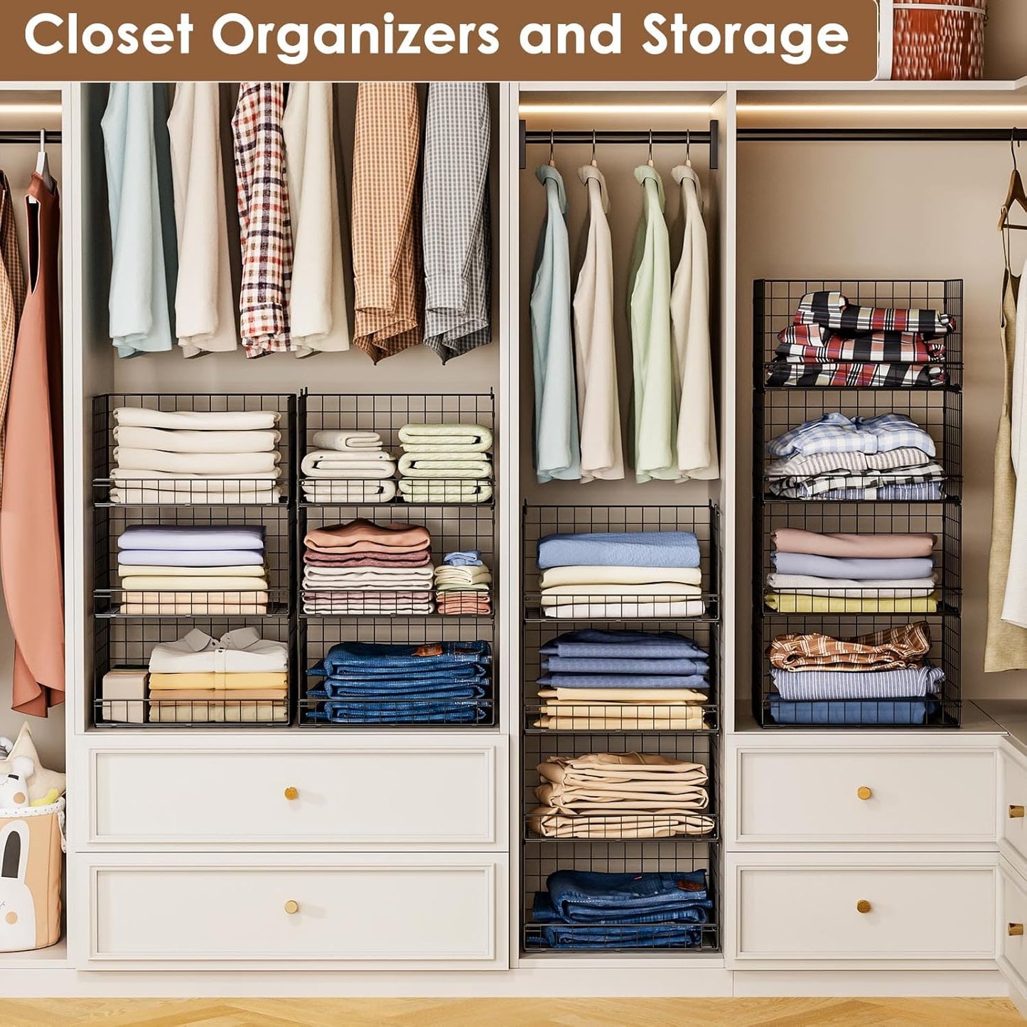 4-Tier Stackable Closet Organizers and Storage Shelves, Clothes Shelf Organizer Basket Bins, Foldable Sweater Storage for Closet Organizer System, Black (Patent Pending)