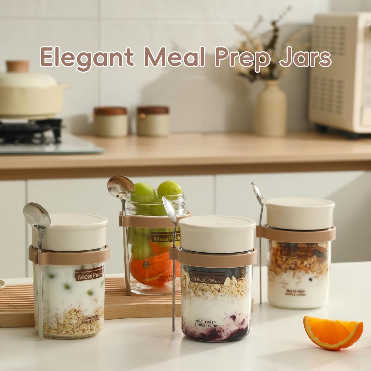 Overnight Oats Containers with Lids and Spoons (4 Pack) – 12oz Glass Jars for Yogurt Meal Prep, Chia Pudding & Snacks – Leakproof Airtight Mason Jar Set – Portable Food Storage with Cleaning Brush