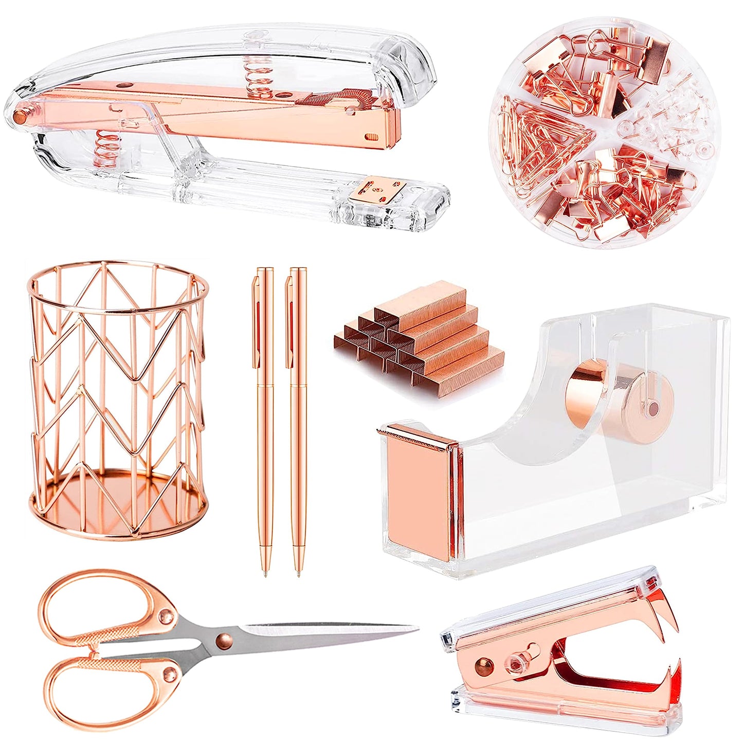 Famassi Rose Gold Desk Accessories,Office Supplies Set Acrylic Stapler Set Staple Remover, Tape Holder, 2 Ballpoint Pen, Scissor, Binder/Paper Clips and 1000pcs Staples.