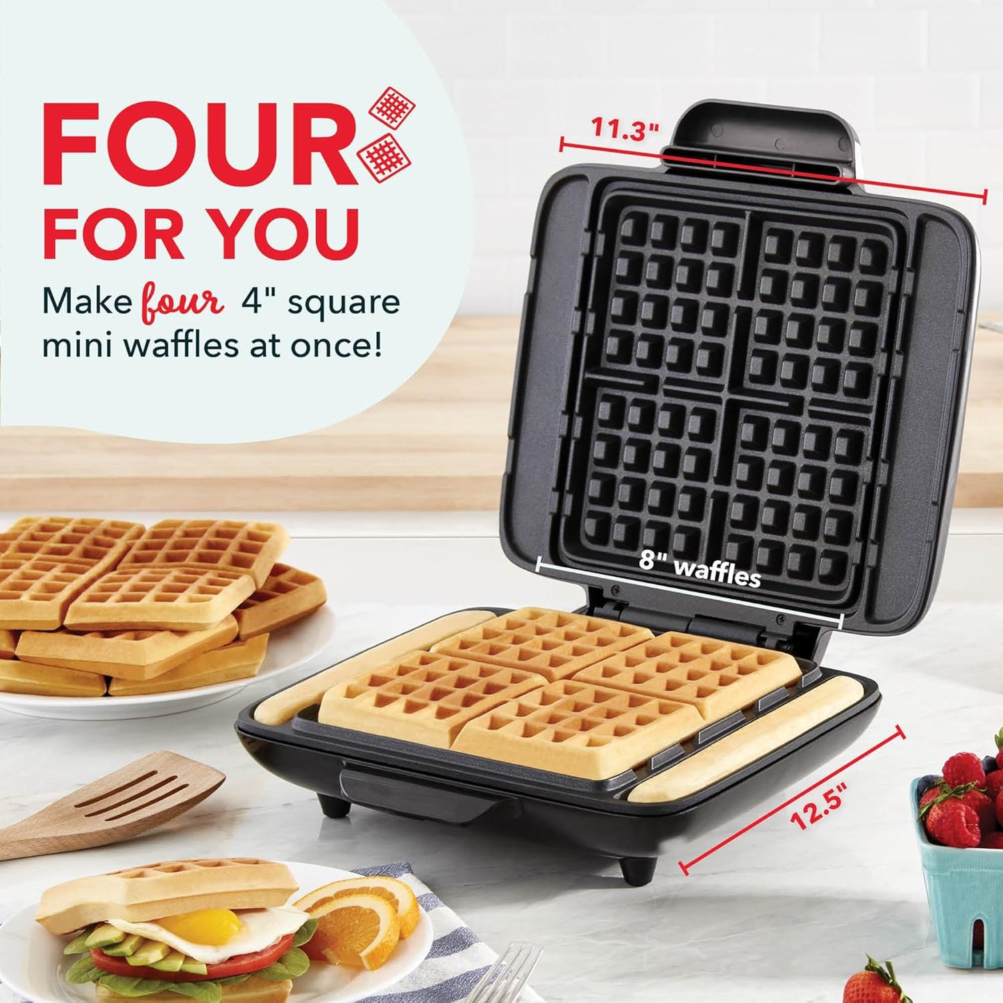 Dash No-Drip Waffle Maker - Quad Waffle Maker for Hassle-Free Breakfasts - Dual Nonstick Heating Plates & Quick Heat-Up System - Easy-Release Surface - Silver