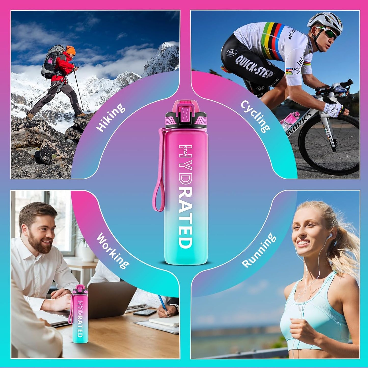 Water Bottle with Straw, 32oz Motivational Water Bottles with Time Marker to Drink, Tritan BPA Free, 1L Sports Water Bottle with Carry Strap LeakProof for Women Gym Fitness Outdoor (1 Pack)