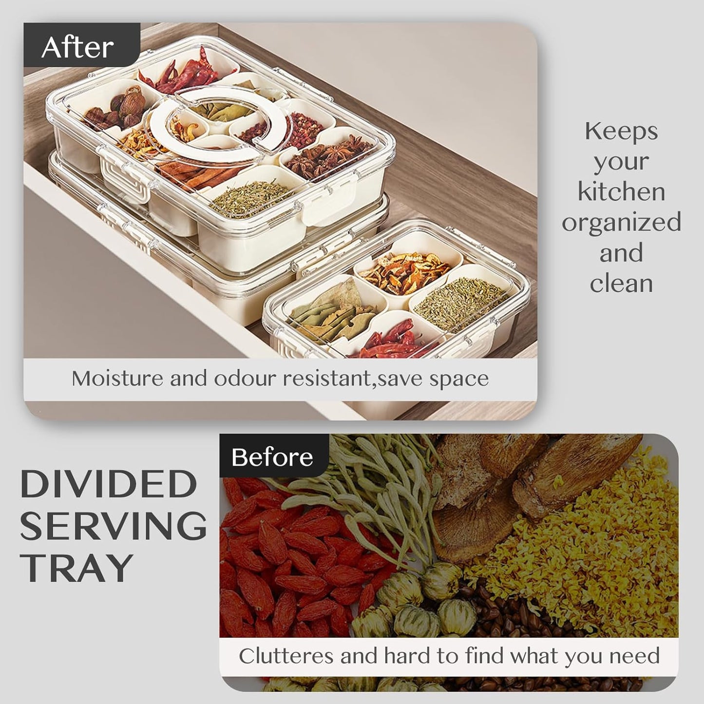 Snackle Box Container,Portable Snack Box 8 Compartment Divided Serving Tray with Lid,Clear Storage Organizer for Fruit Candy Nuts Veggie-Perfect for Road Travel Party (1 Pack-8 Compartments)