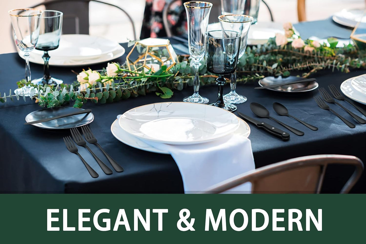 EWFEN 24-Piece Black Silverware Set with Steak Knives, Black Flatware Set for 4, Food-Grade Stainless Steel Tableware Cutlery Set, Mirror Finished Utensil Sets for Home Restaurant, Round Edge