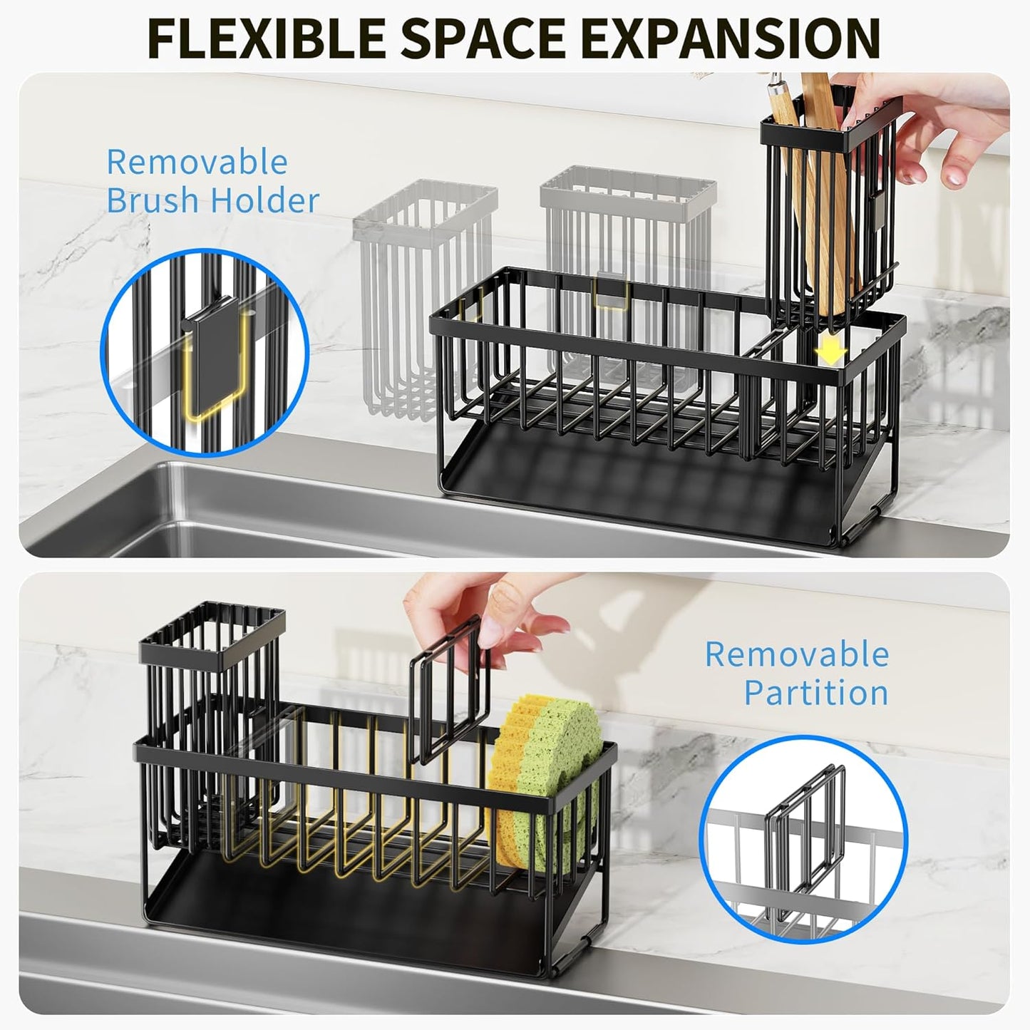 Cisily Kitchen Sink Caddy Organzier with High Brush Holder, Sponge Holder for Sink, 304 Rustproof Stainless, Kitchen Countertop Soap Dispenser Organizer