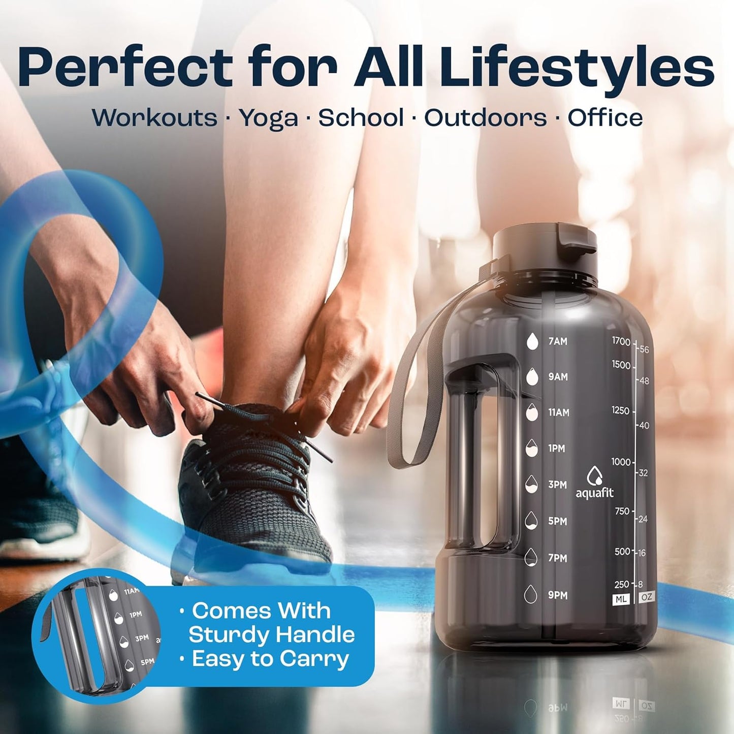 AQUAFIT 64 oz Water Bottle with Time Marker - Straw & Chug Lid - BPA Free Half Gallon Gym Water Bottle with Handle - Big Gallon Jug (Gray, 64 Ounces)