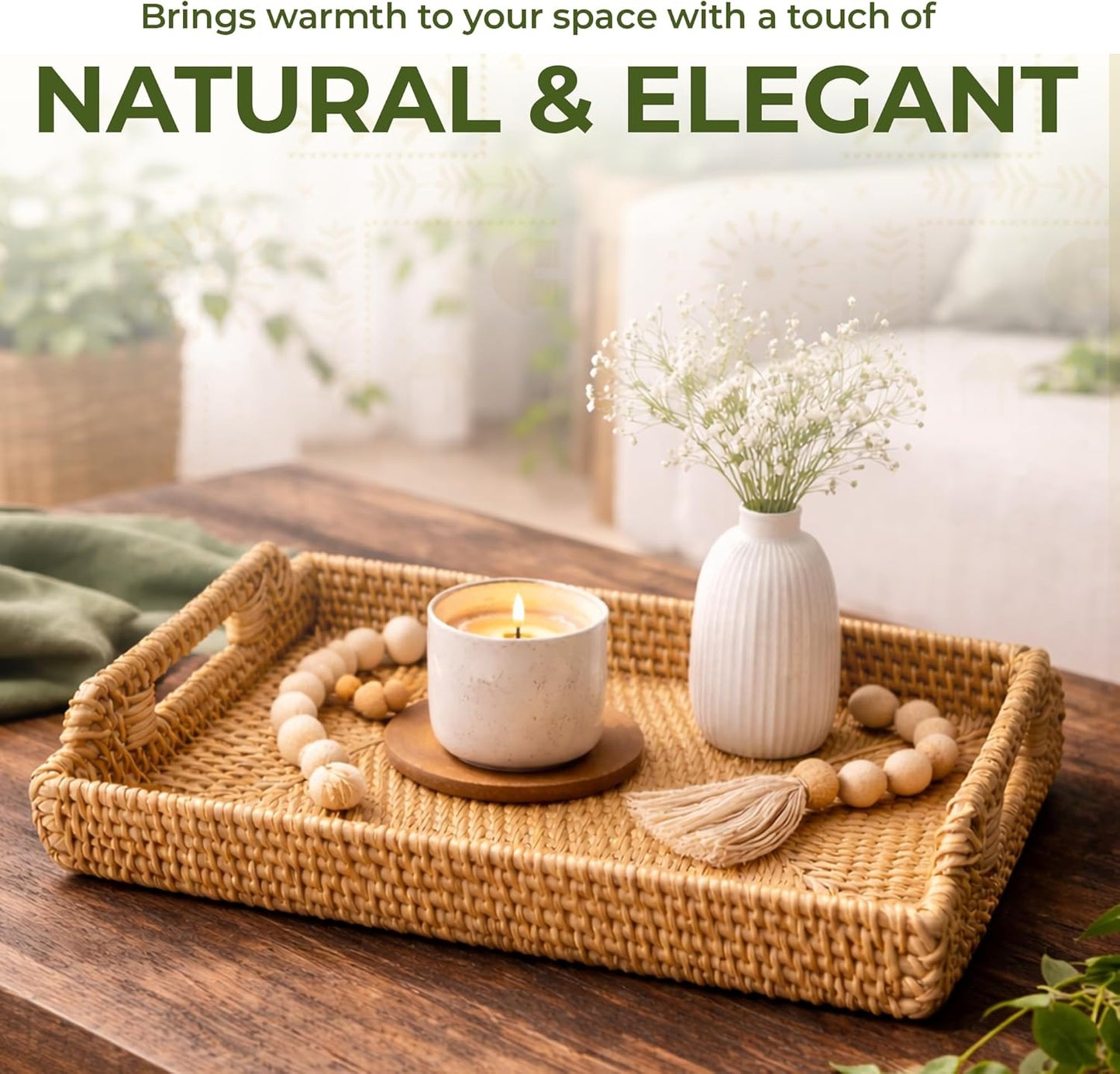 Rattan Serving Tray with Handles (11.4 x 16.9 x 2 in) – Handwoven Wicker Tray for Coffee Table, Breakfast, Ottoman & Home Decor, Natural Woven Tray