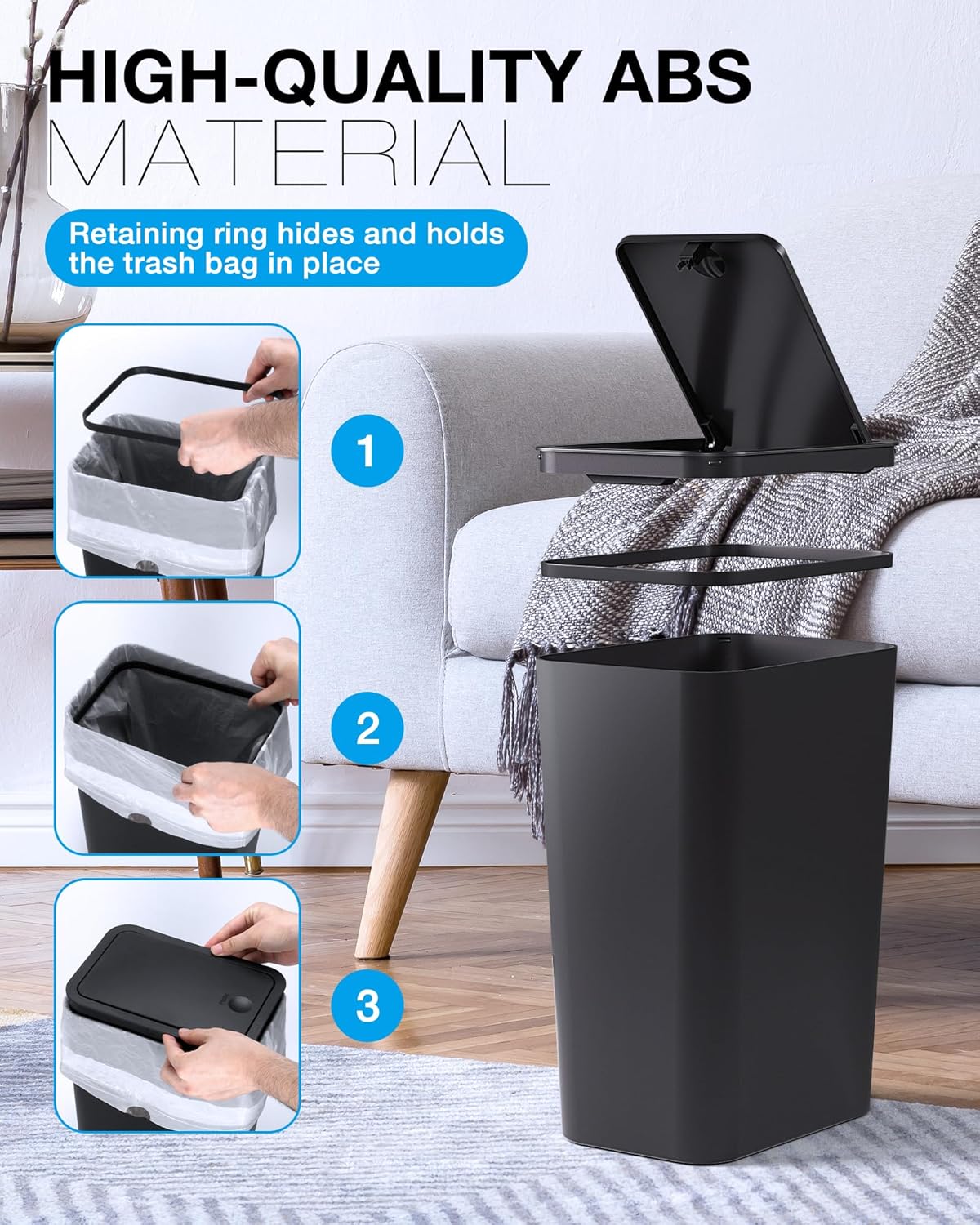 Bathroom Trash Can with Lid, 2 Pack 4 Gallons/15 Liters Garbage Can with Pop-Up Lid, Small Plastic Trash Can, Slim Trash Bin Waste Basket for Bathroom, Bedroom, Office, Living Room(Black)