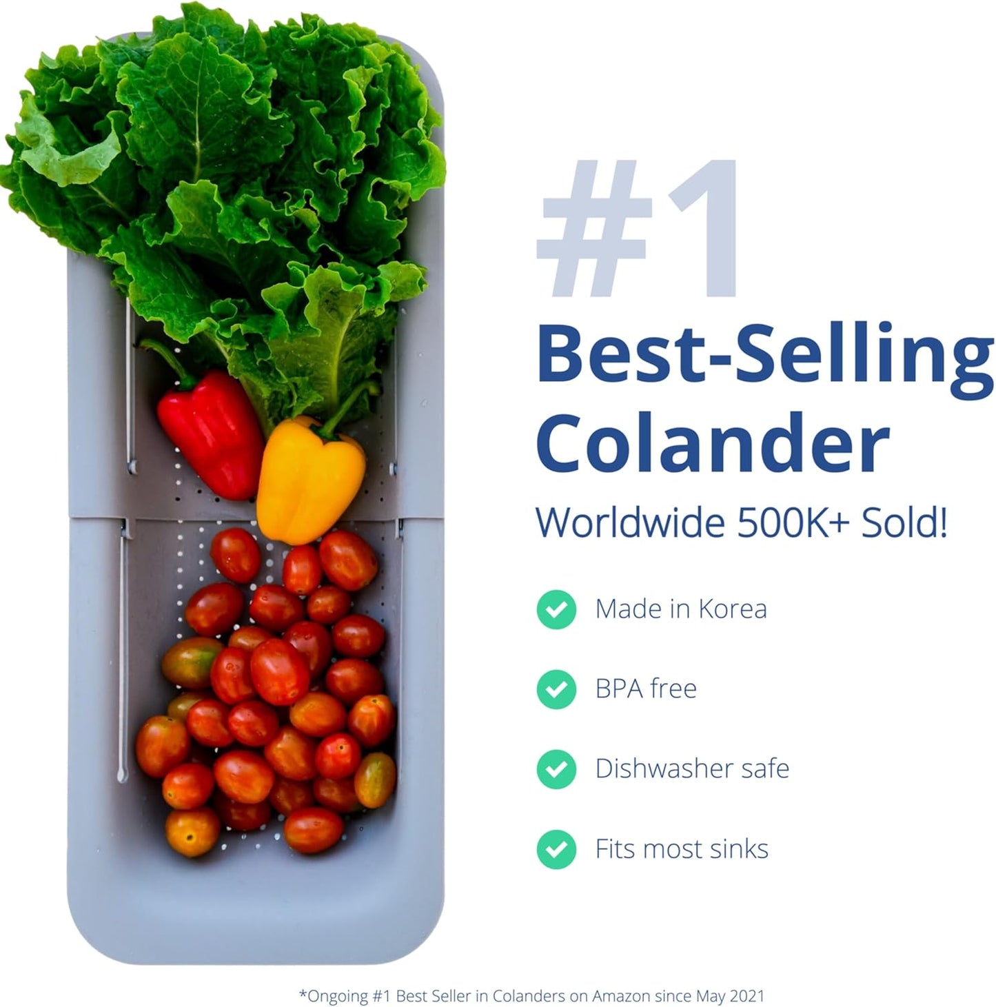 BLUE GINKGO Over the Sink Colander Strainer Basket - Wash Vegetables and Fruits, Drain Cooked Pasta and Dry Dishes - Extendable - New Home Kitchen Essentials (Grey, 1 Pack)