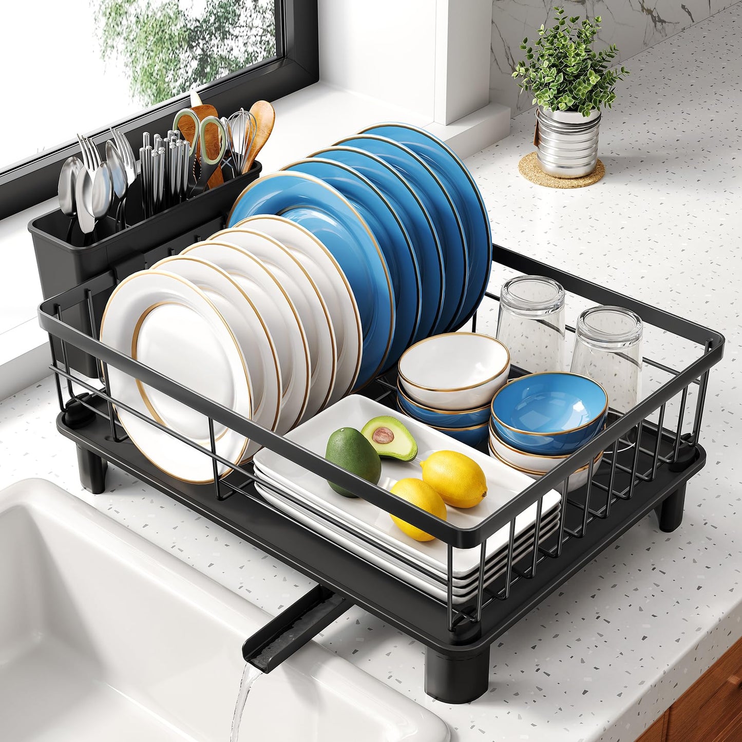 SNTD Dish Drying Rack - Small Dish Rack for Kitchen Counter, Stainless Steel Dish Drainer with Utensil Holder and Drainboard, 11" W x 15" L (Black)