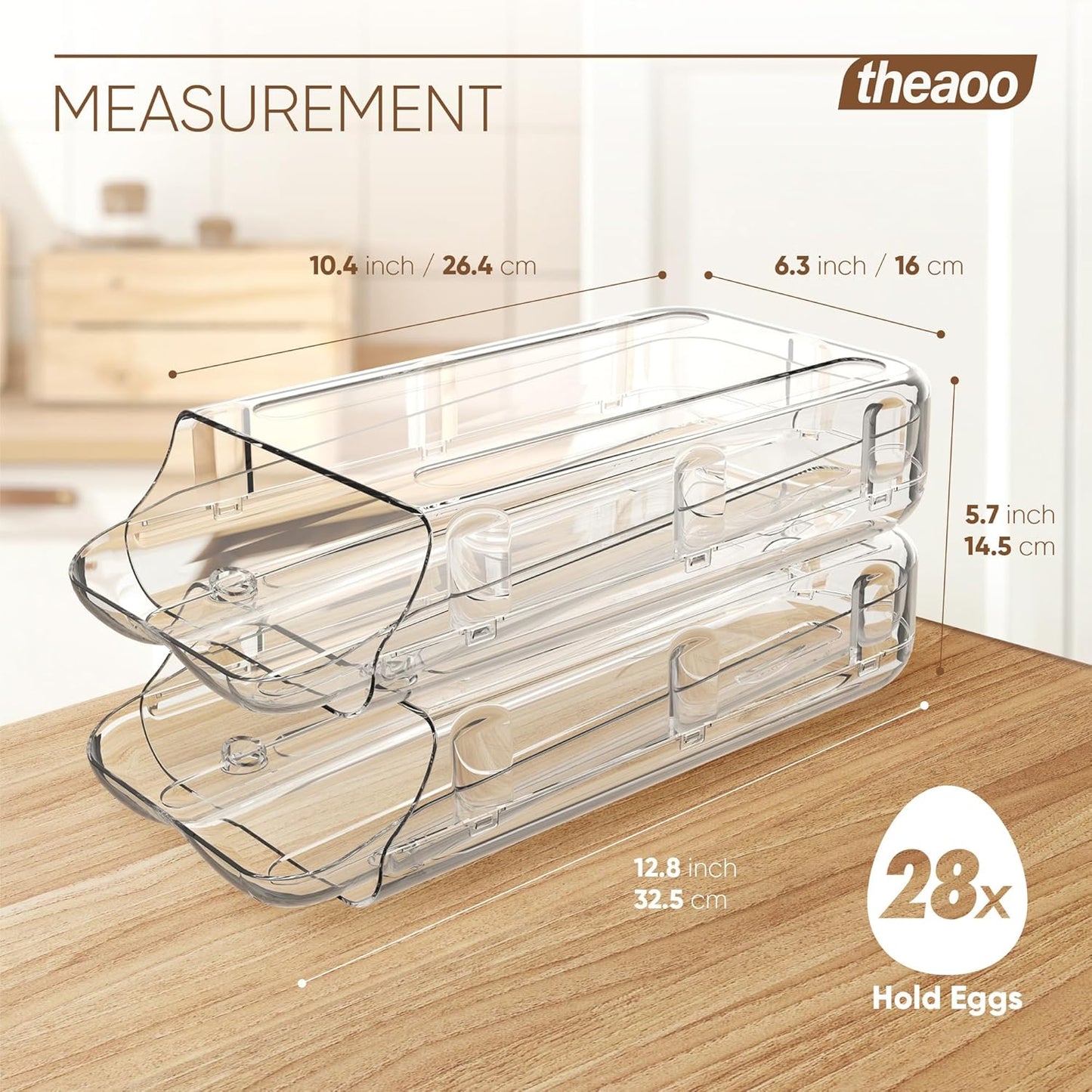 theaoo Egg Holder for Fridge, Automatic Rolling Egg Container for Refrigerator, Clear Plastic Egg Dispenser, Stackable Eggs Organizer with Quick Removable inner Tray For Organizers and Storage, 2 Pack