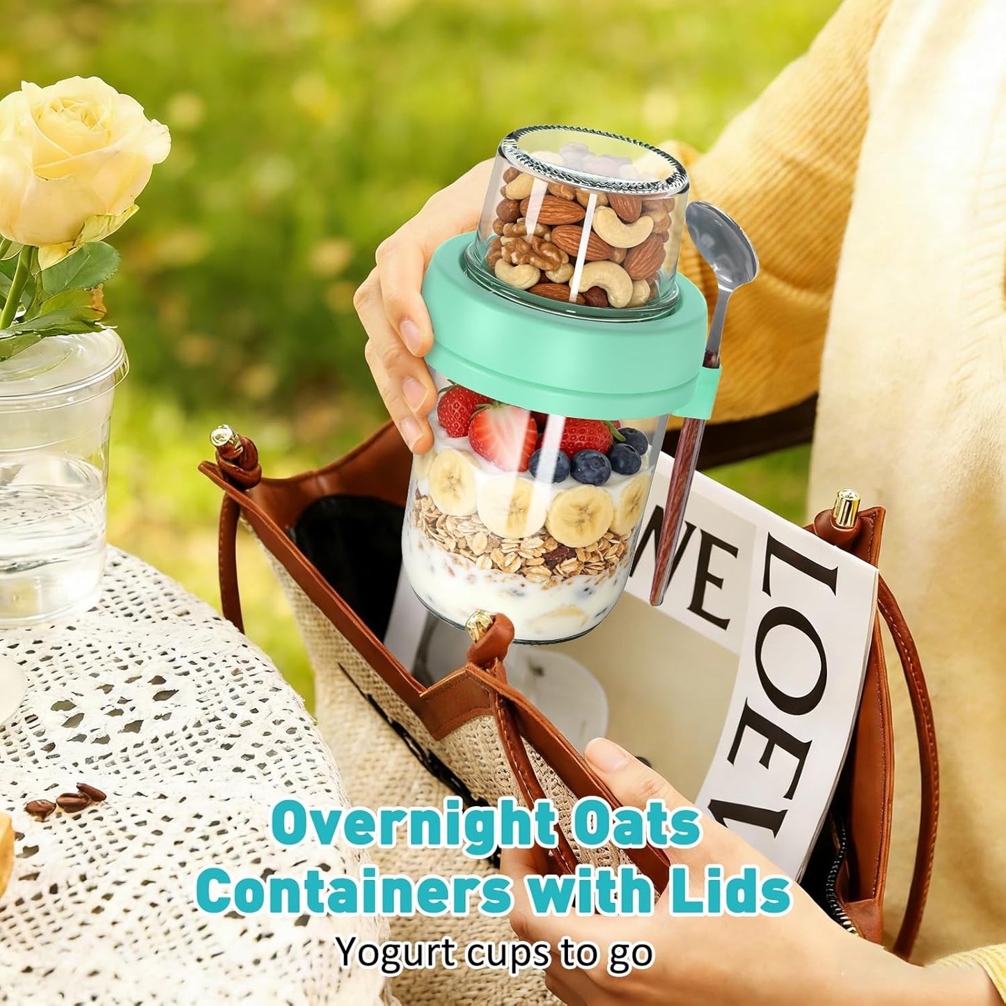 4 Pack Overnight Oats Containers with Lids and Spoons, 20 oz (16+4) Overnight Oats Jars with Dry and Wet Separation for Oatmeal Cereal Fruit Salad Yogurt, Dual-Layer Yogurt Containers with Lids