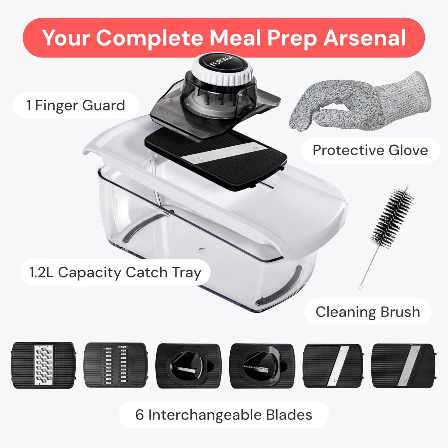 Fullstar Mandoline Slicer for Kitchen, Fruit Cutter, Cheese Grater, Cucumber Slicer, Veggie Spiralizer, Food Cutter & Kitchen Gadgets & Gifts with Safety Glove (6 in 1, White)