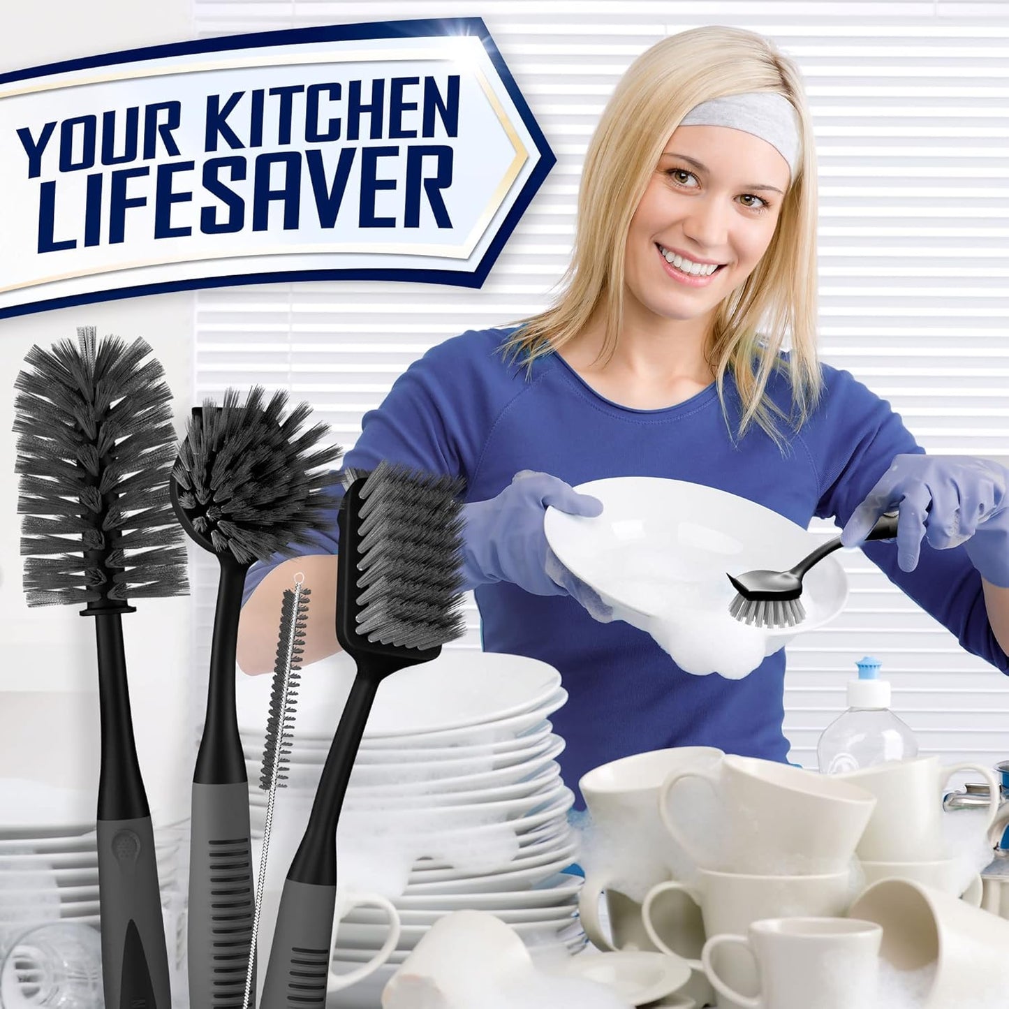 Dish Brush Set of 4 - Kitchen Scrub Brushes with Non-Slip Long Handle for Cleaning, Scrubber, Dishwashing, Dishes, Bottles, Straws, Cups, Pots & Sink, Black