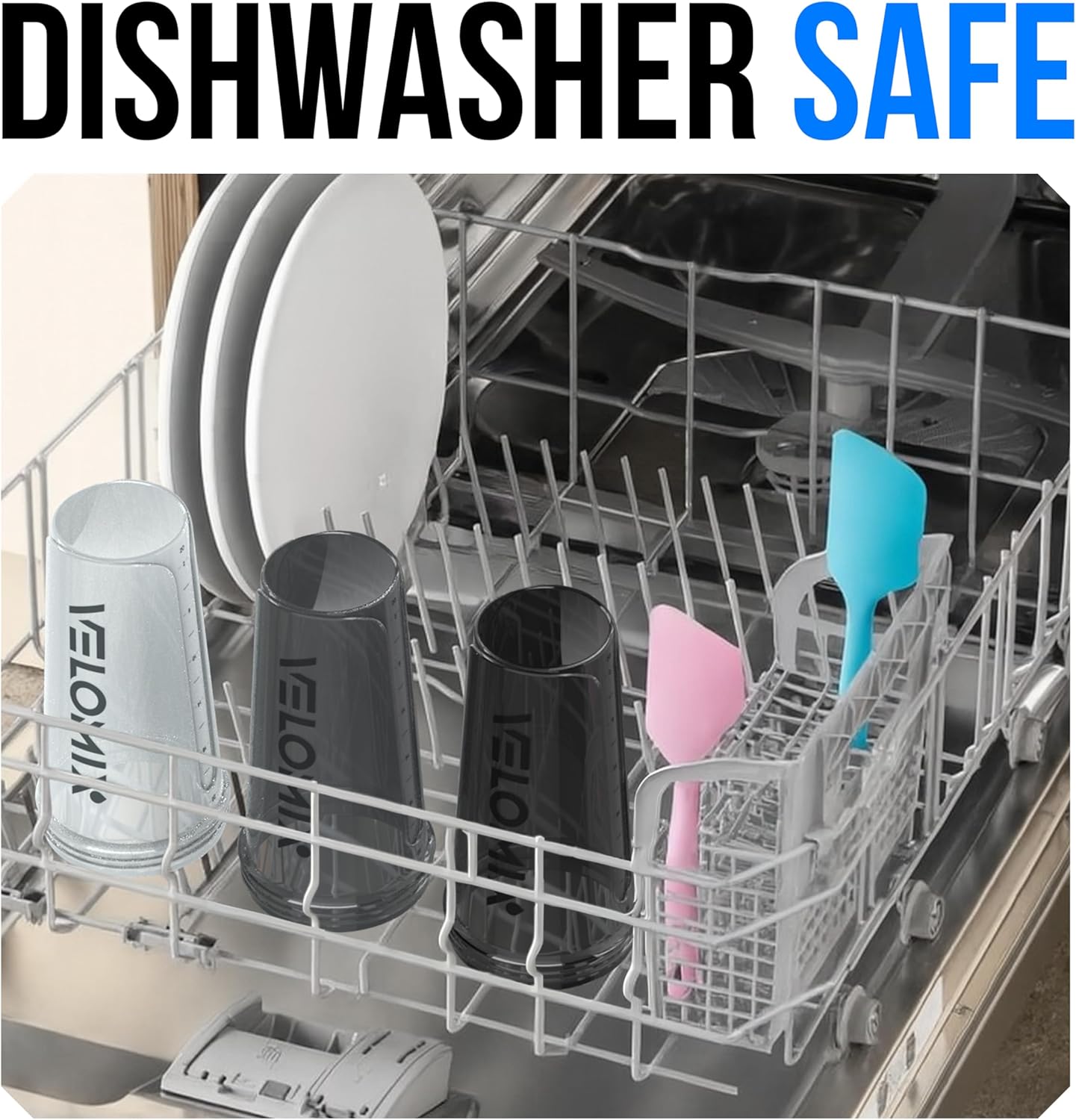 VELOMIX -4 Pack- 28 oz Protein Shaker Bottles for Protein Mixes - 4x Wire Whisk | Leak Proof Shaker Cups for Protein Shakes | Protein Shaker Bottle Pack (Silver Mix)