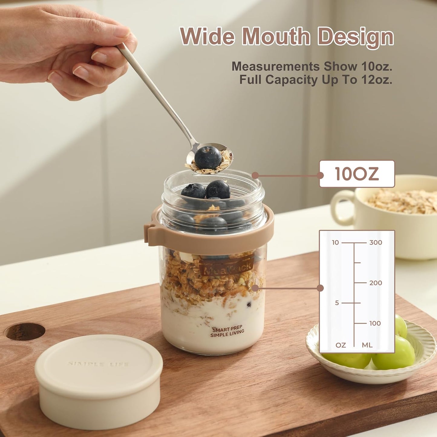 Overnight Oats Containers with Lids and Spoons (4 Pack) – 12oz Glass Jars for Yogurt Meal Prep, Chia Pudding & Snacks – Leakproof Airtight Mason Jar Set – Portable Food Storage with Cleaning Brush