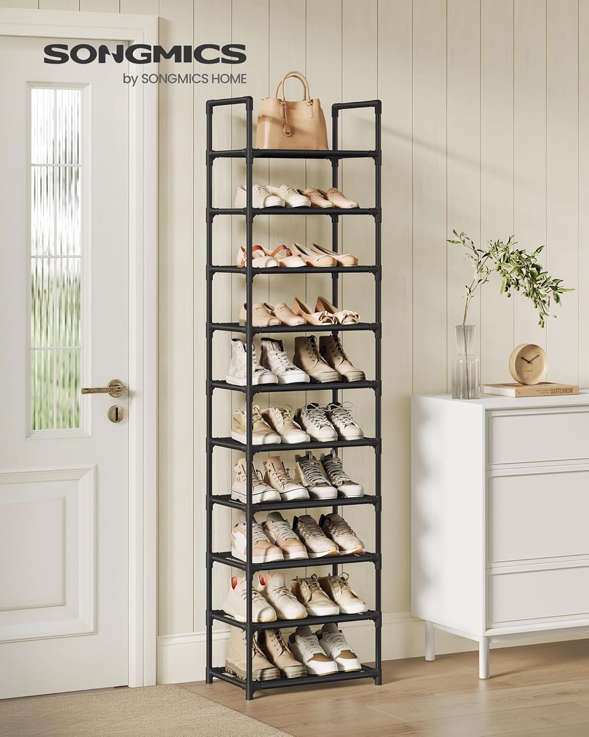 SONGMICS Shoe Rack, 10-Tier Shoe Shelf, Shoe Storage Organizer, 11 x 17.7 x 68 Inches, Metal Frame, Non-Woven Fabric Shelves, for Entryway, Bedroom, Black ULSH010B02