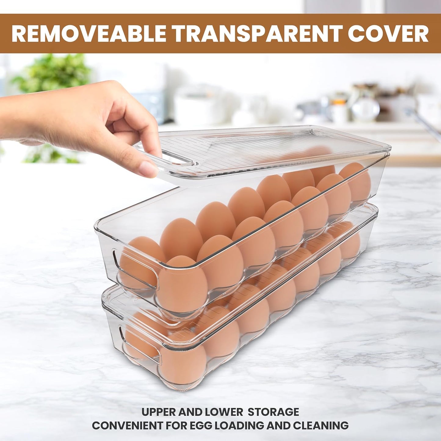 Utopia Home Egg Container With Lid and Handle for Refrigerator Organization- Pack of 2 - Clear Stackable Egg Holder for Kitchen or Pantry Organizers and Storage