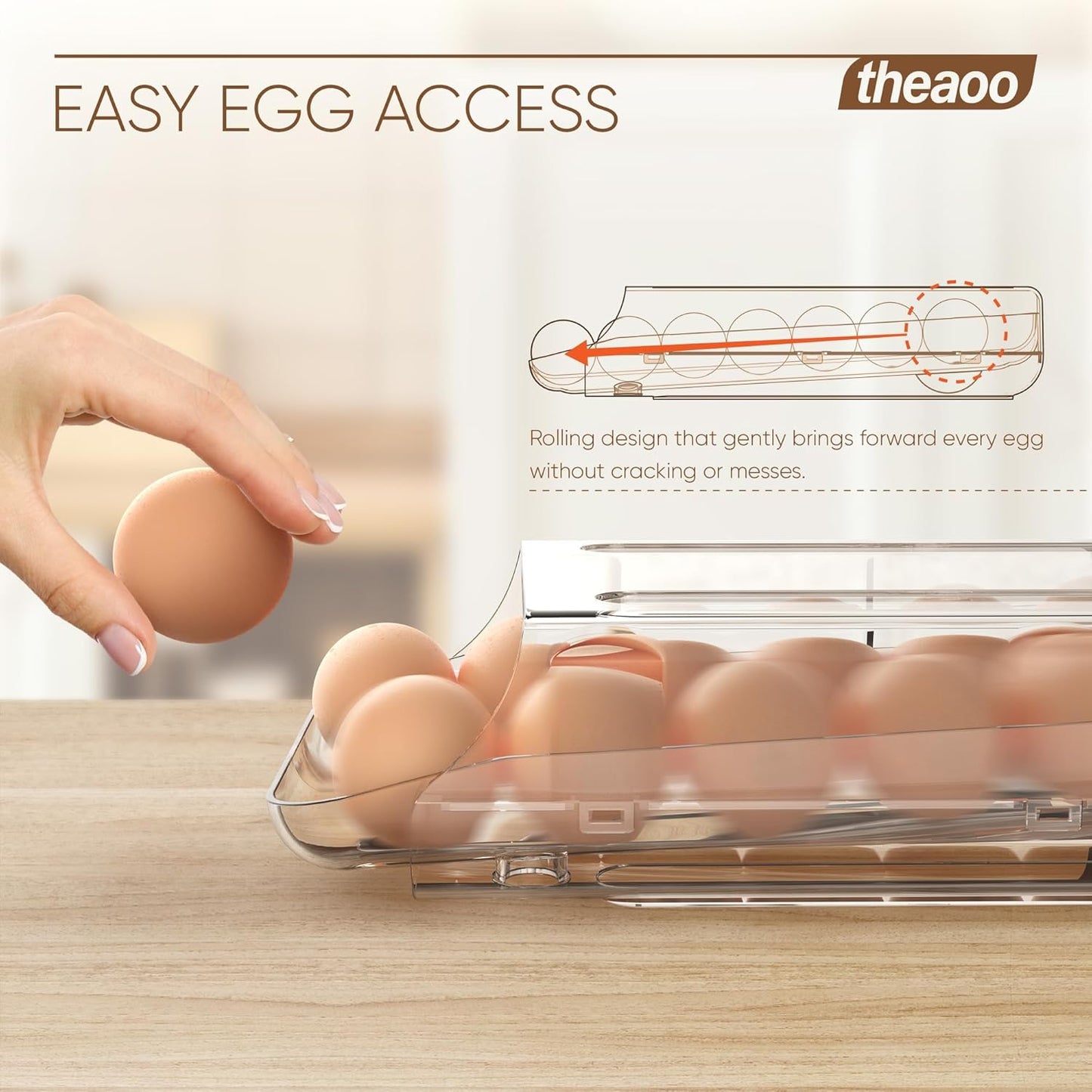 theaoo Egg Holder for Fridge, Automatic Rolling Egg Container for Refrigerator, Clear Plastic Egg Dispenser, Stackable Eggs Organizer with Quick Removable inner Tray For Organizers and Storage, 2 Pack