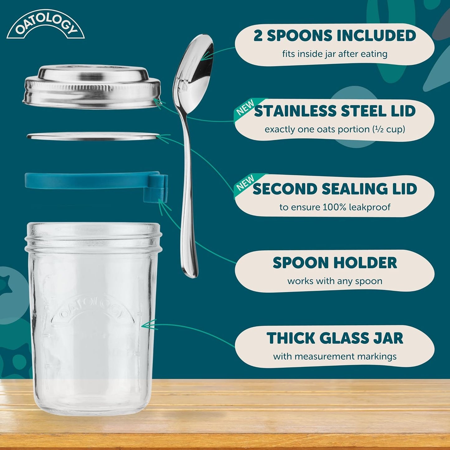OATOLOGY Overnight Oats Containers with Lids & Spoons - Stainless Steel Lid Leakproof Glass Jars for Chia Pudding & Yogurt for Healthy Breakfast On-the-Go - 16oz Set with Unique Milk Line - 2 Pack