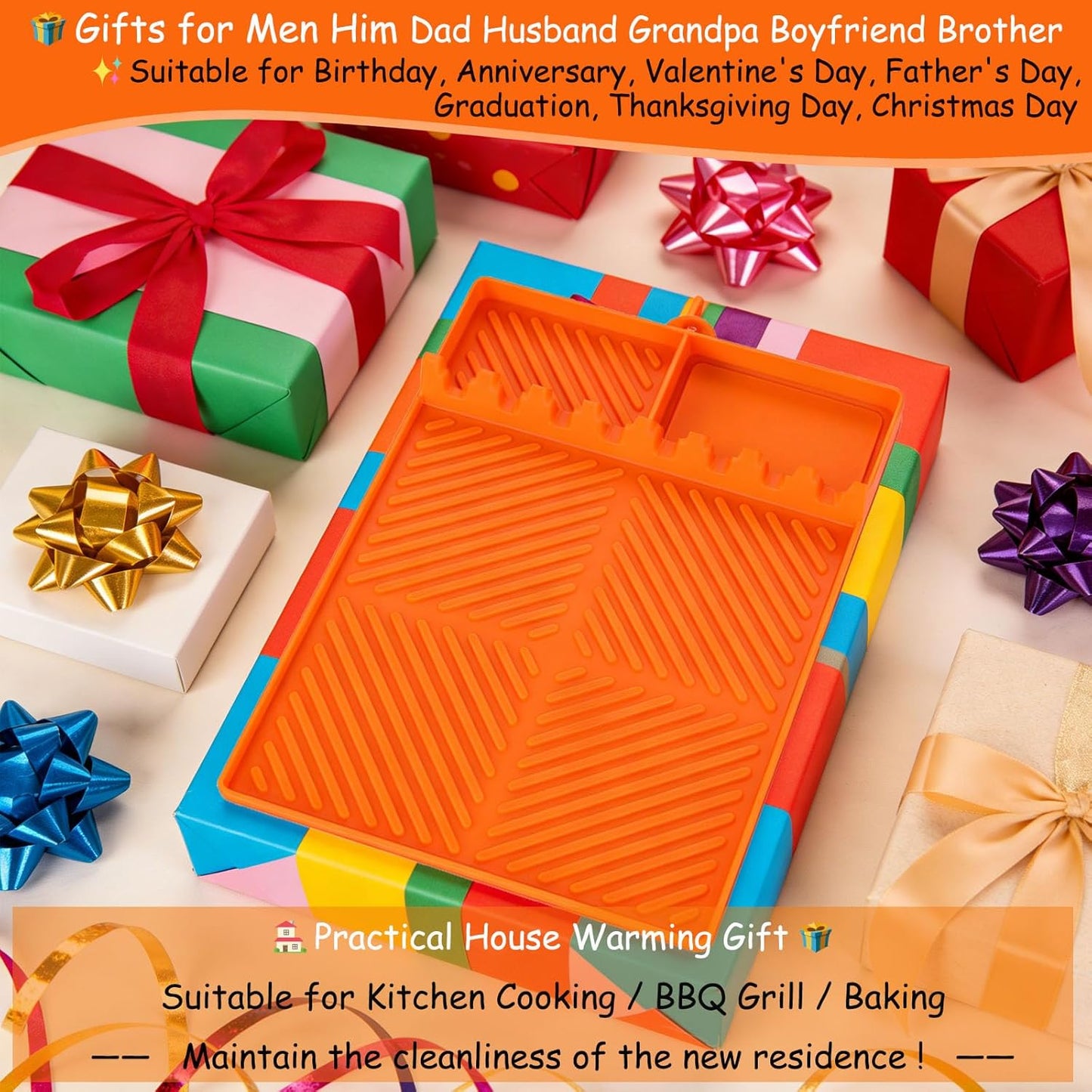 Silicone Tools Mat for Griddle Kitchen Cooking Baking Countertop-Side Shelf Spatula Mat with Drip Pad for Blackstone Weber Traeger Pit Boss Flat Top Grill Smoker- BBQ Accessories Gifts for Men(Orange)